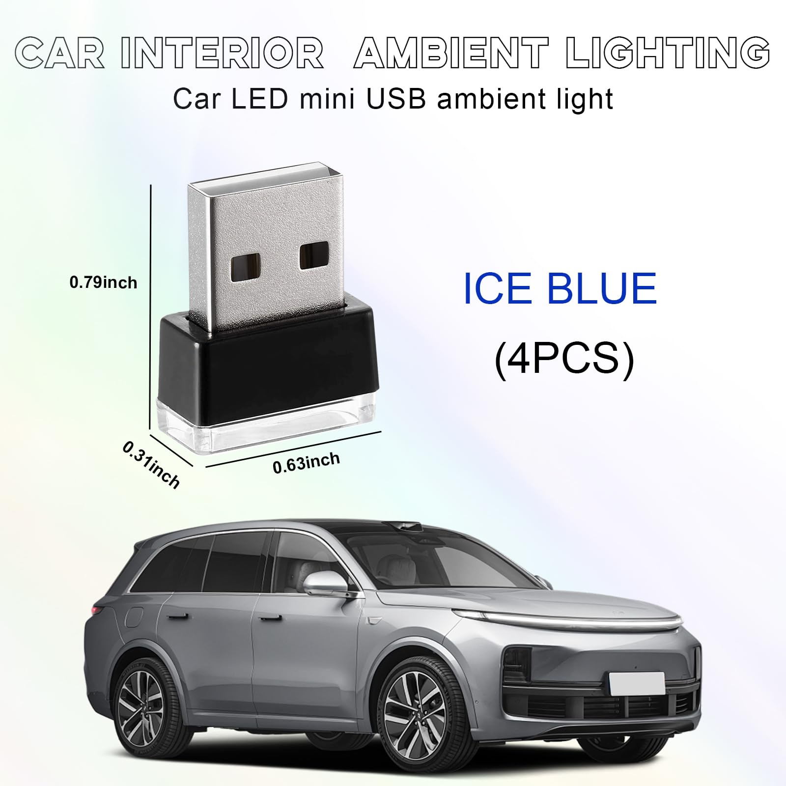 Sylvil 4 Pcs Usb Led Car Interior Atmosphere Lamp  Portable Mini Led Night Light  Plug-In Usb Interface Trunk Ambient Lighting Kit  Universal Interior Car Accessories (Ice Blue)