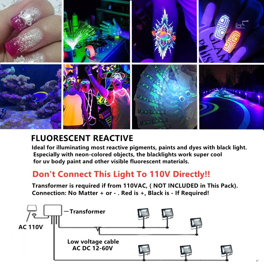 ZSGoes 50W UV Black Light 2 Pack - Low Voltage 12-60V, Ultra Violet, Aluminum & Tempered Glass for Parties, Fishing, and Screen Printing
