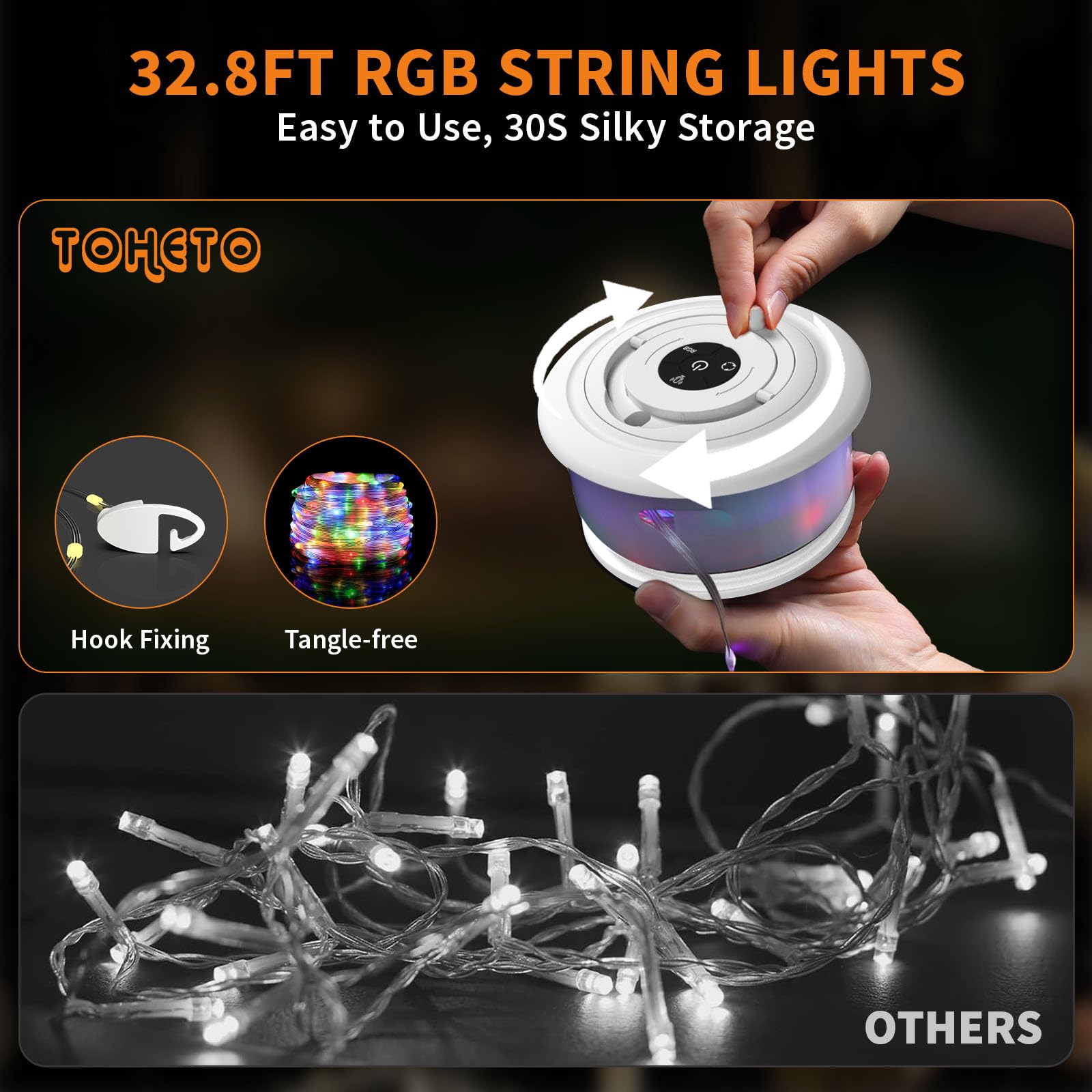 TOHETO Camping String Lights, 32.8 FT RGB Lantern, 19 Lighting Modes, Rechargeable, White, Model JSK-L26