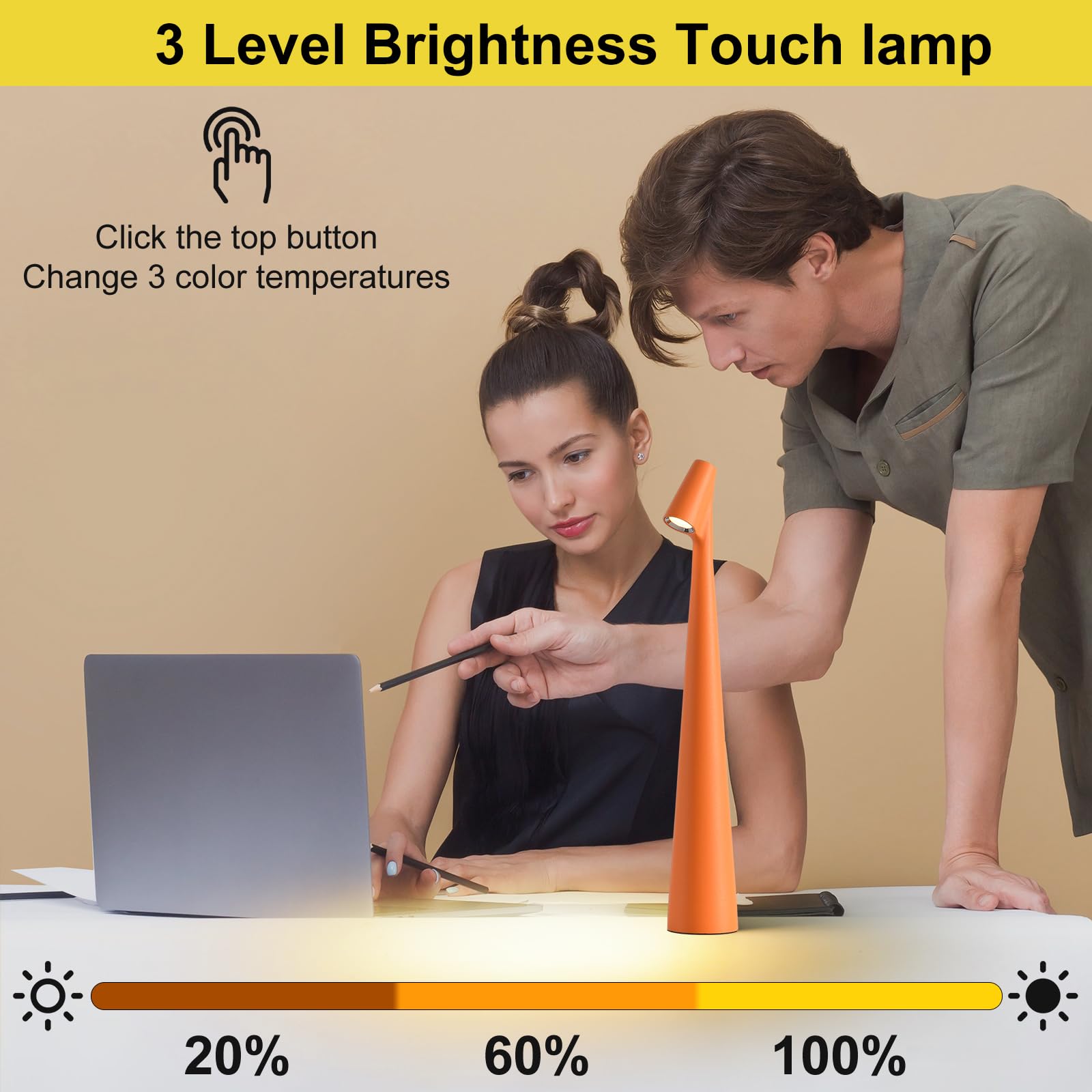 Hebangya Cordless Table Lamps Set of 2, Portable Rechargeable Lights, 3 Levels Brightness, Aluminum, Orange