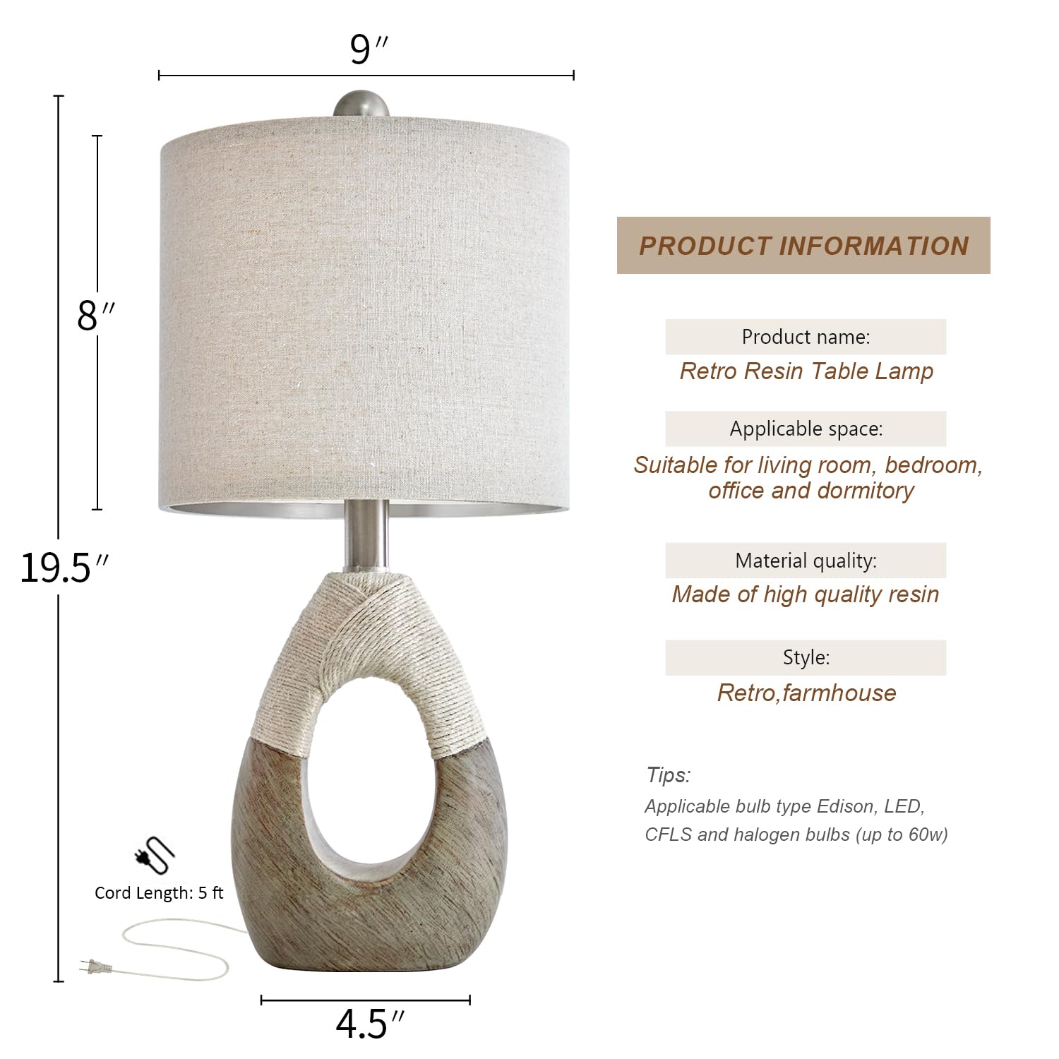 OYEARS 19" Boho Rattan Table Lamps Set of 2, Rustic Egg Design, Grey, AMZ-T1085CG-OY, Ideal for Small Spaces, Nightstand Lighting