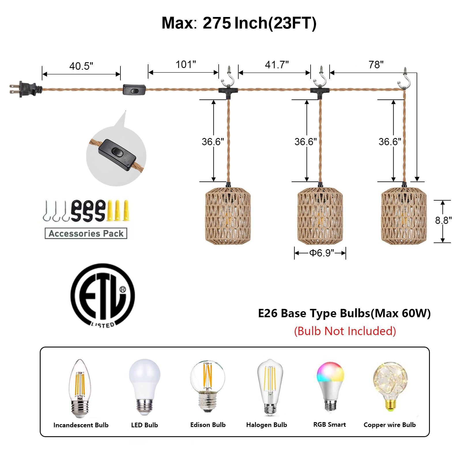 Alaislyc Rattan Plug-In Pendant Light With 3 Lights & On/Off Switch - Boho Wicker Chandelier