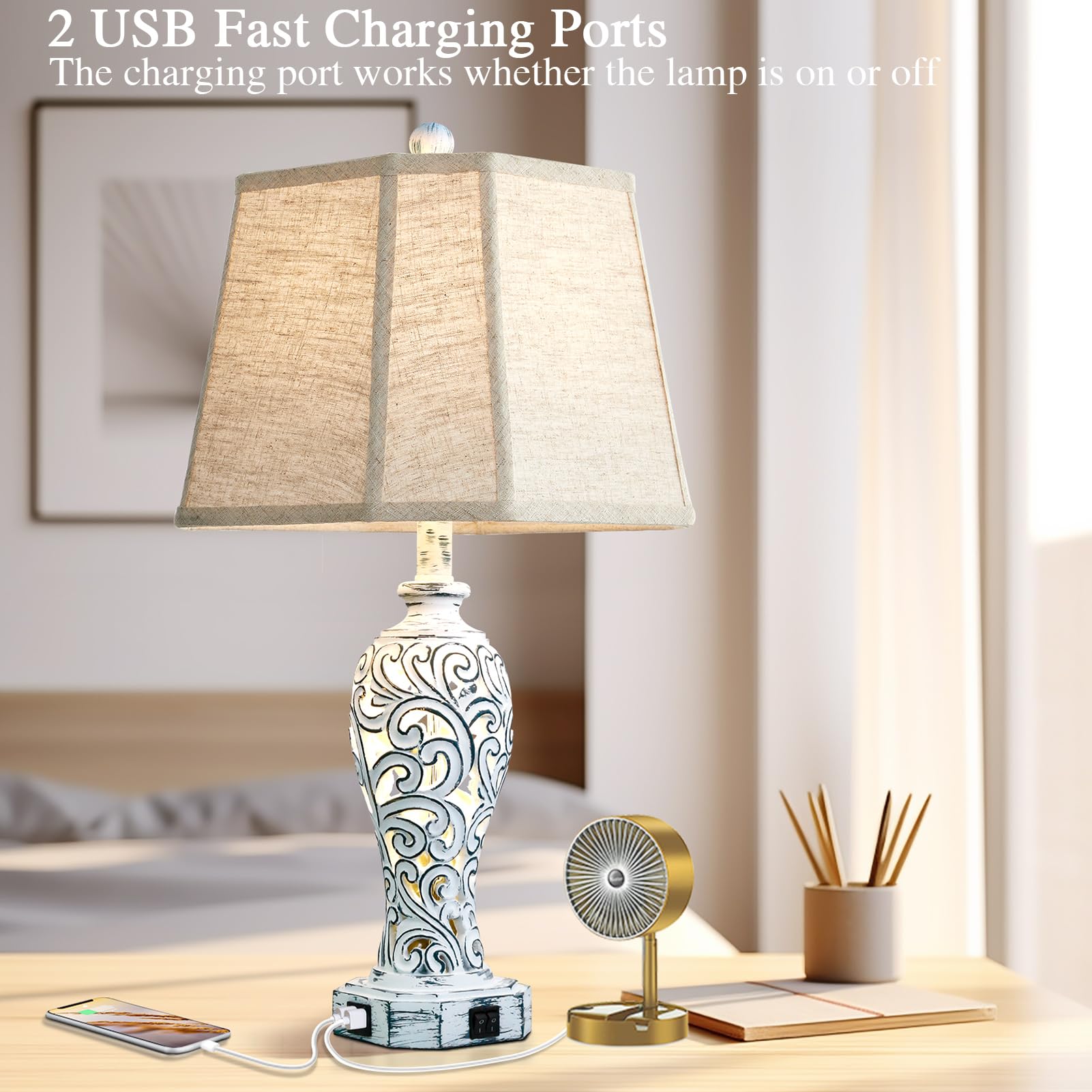 25'' Farmhouse Table Lamps Set Of 2 For Living Room Bedroom, 2 Usb Ports Rustic Vintage Nightstand Table Lamp With Nightlight, H