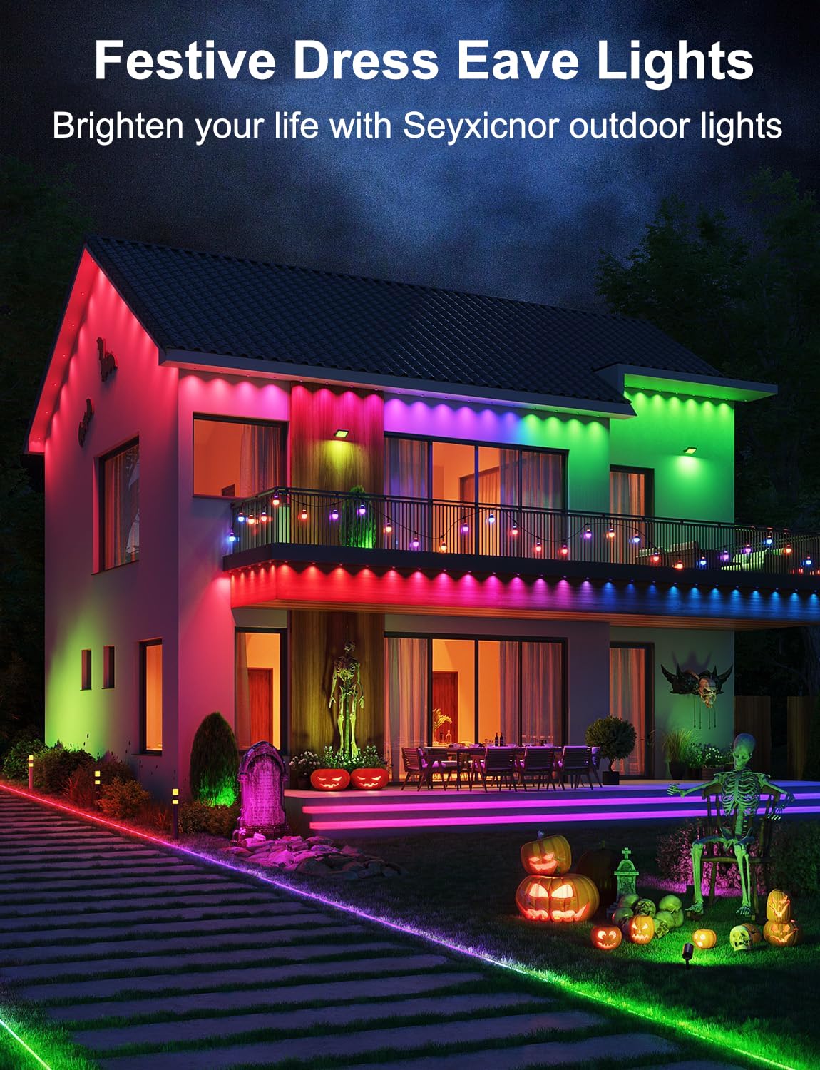 Seyxicnor 100FT Smart RGBW LED String Lights, IP67 Waterproof, 63 Scene Modes, APP/Remote Control for Outdoor Use