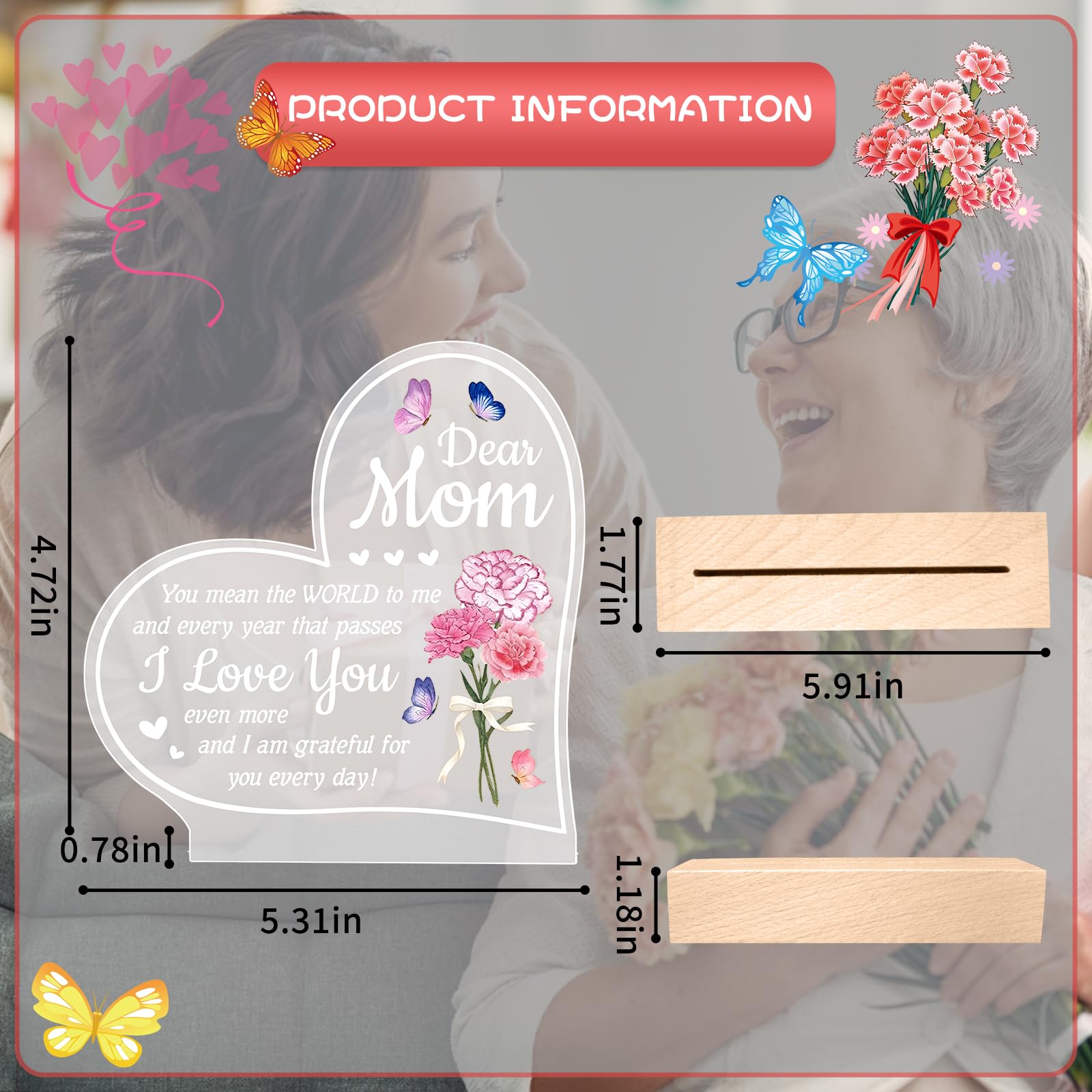 Hpydiy Carnation Heart Shape 3D Crystal Acrylic Light Base With Wood Stand  Led Light For Kids Room Decor  Gift For Mom On Birthday Or Holiday  Home D?Cor Art Display