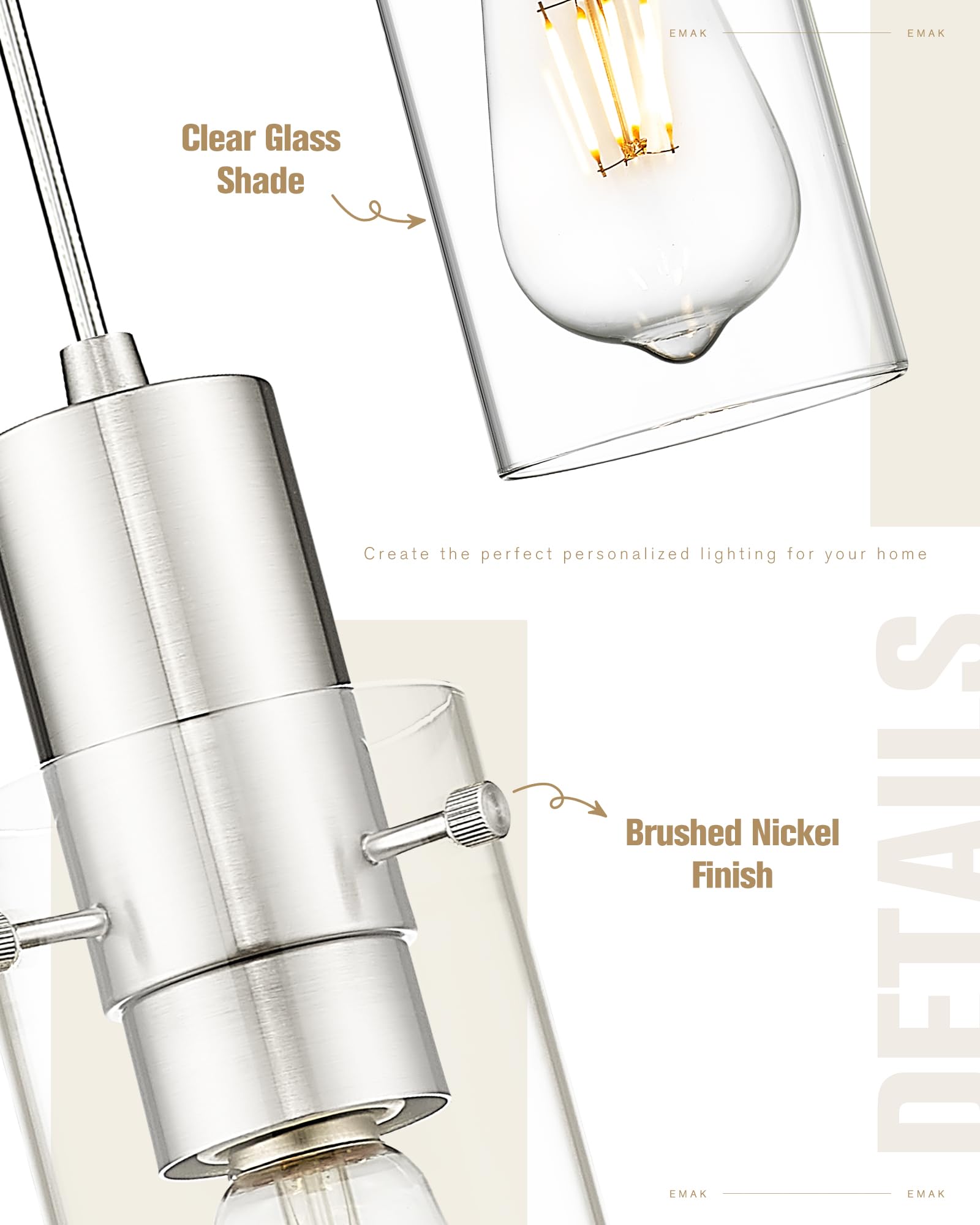 Emak Cylinder Pendant Lights Kitchen Island, Modern Brushed Nickel Pendant Light With Clear Glass Shade, 1 Light Pendant Lightin