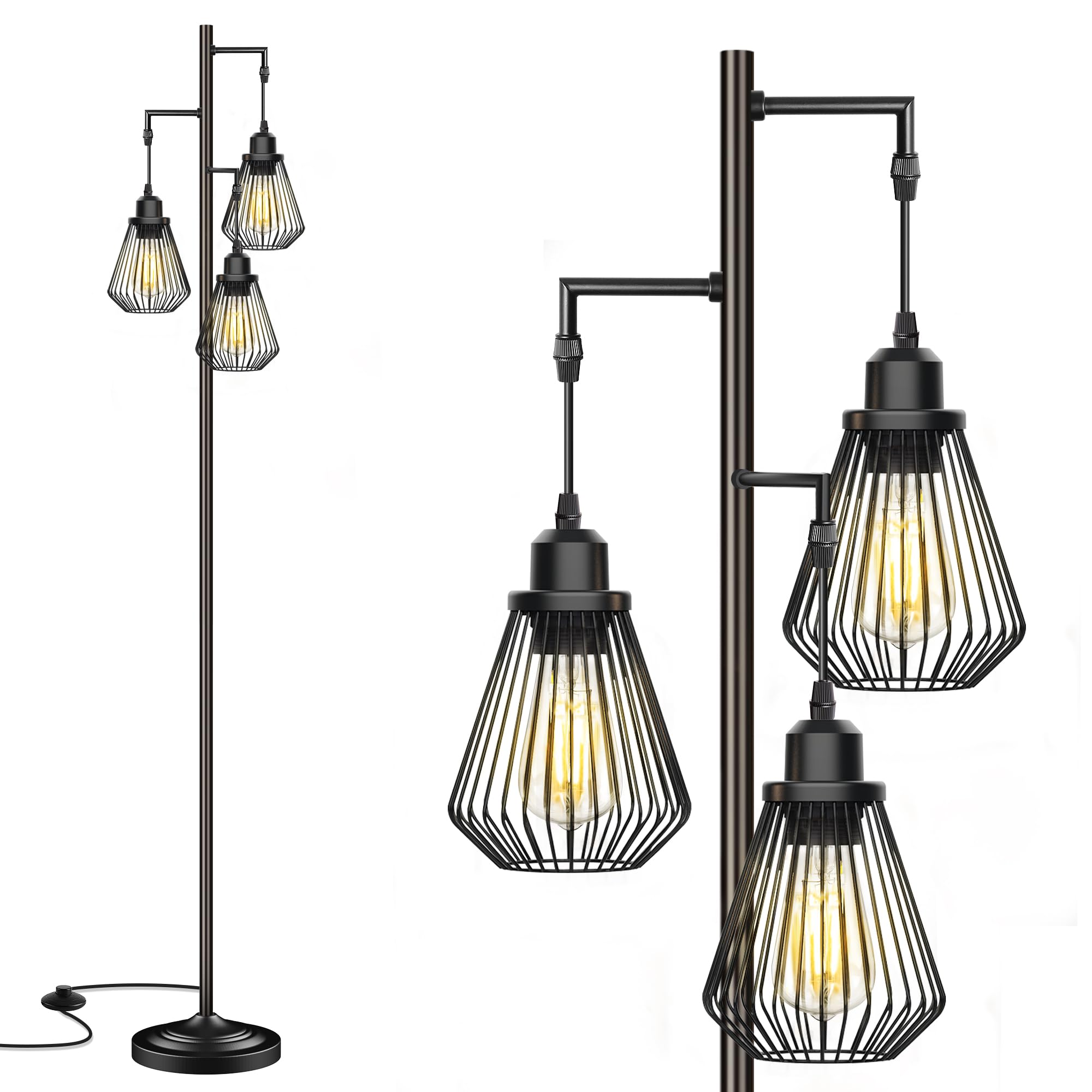 QiMH Industrial Floor Lamp, 68in Metal Standing Lamp, 3 Teardrop Cage Shades, Black