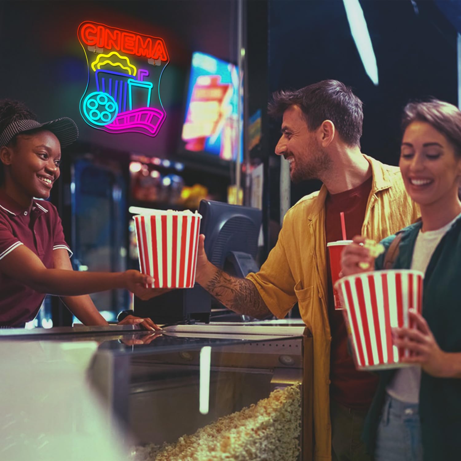 Looklight Cinema Popcorn Paper Box LED Neon Sign, Dimmable USB Light, 16x12 inches, Plastic, Cinema Color