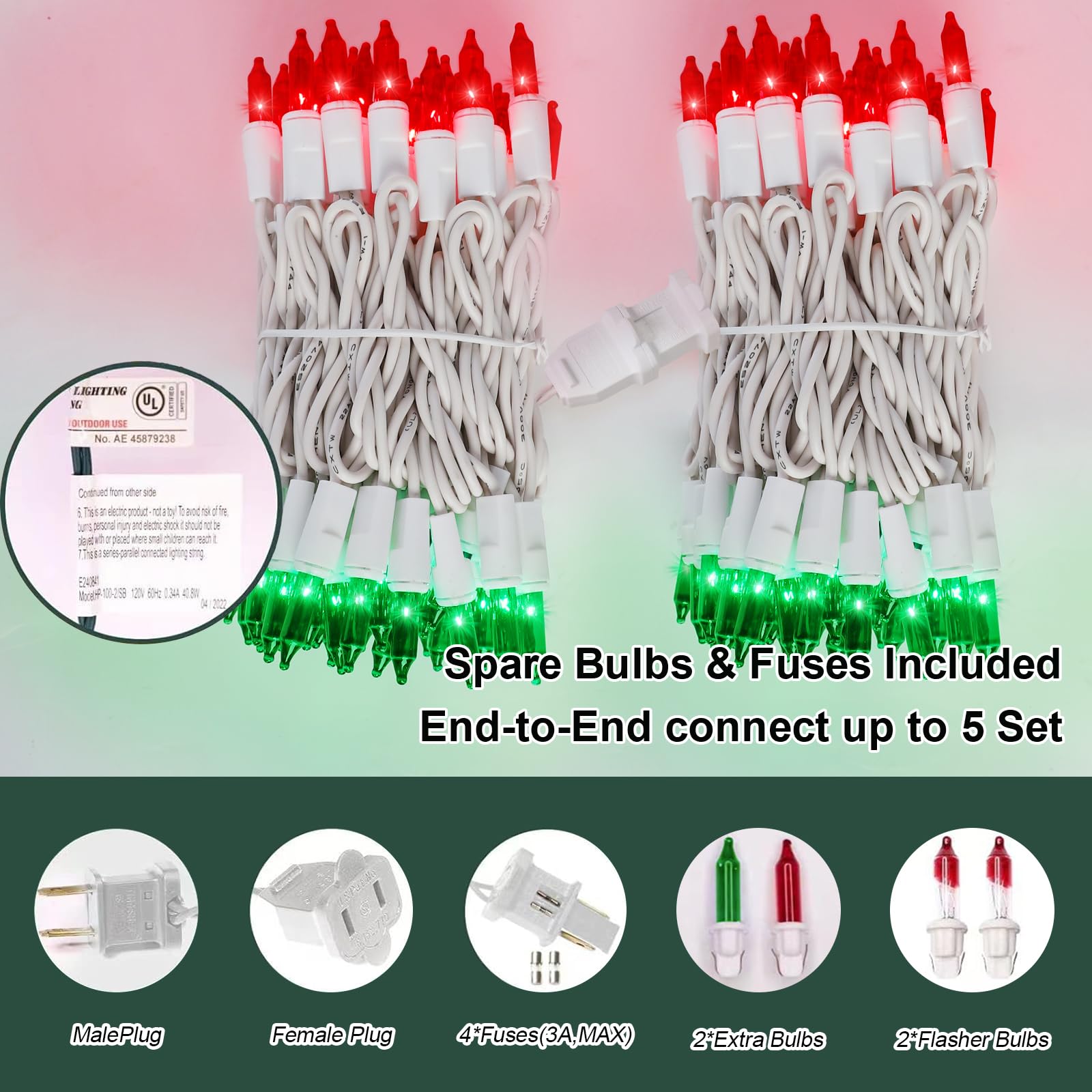 Lamphome 100 Count Red Green Christmas Lights  White Wire 20Ft Incandescent Holiday String Light Set For Indoor Outdoor Use Christmas Tree  Halloween  Valentine Wedding Lighting Decoration