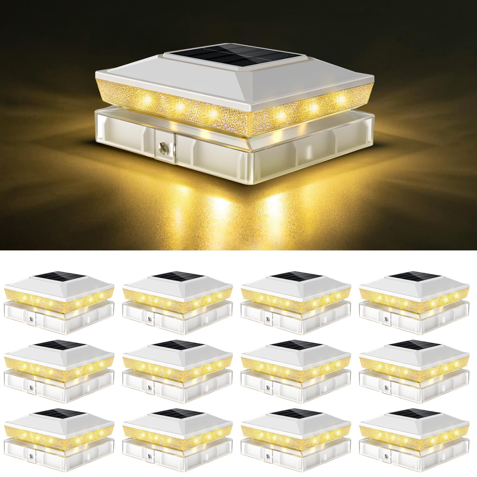 vighep 12Pack Solar Post Cap Lights, Fits 4x4 & 3.5x3.5 Vinyl & Wood Posts, 2 Lighting Modes (Warm/Cool White), Dusk to Dawn, Wa