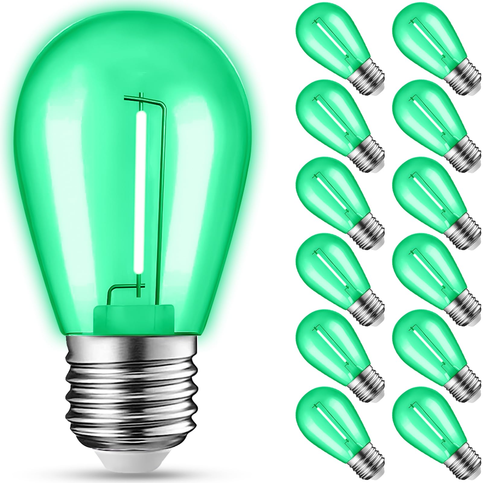 Jaheks 12-Pack Green String Light Bulbs  Patio String Light Replacement Bulbs For Outdoor Indoor  1W E26 Base S14 Led Colored Light Bulbs For Christmas Halloween Holiday Home Decor
