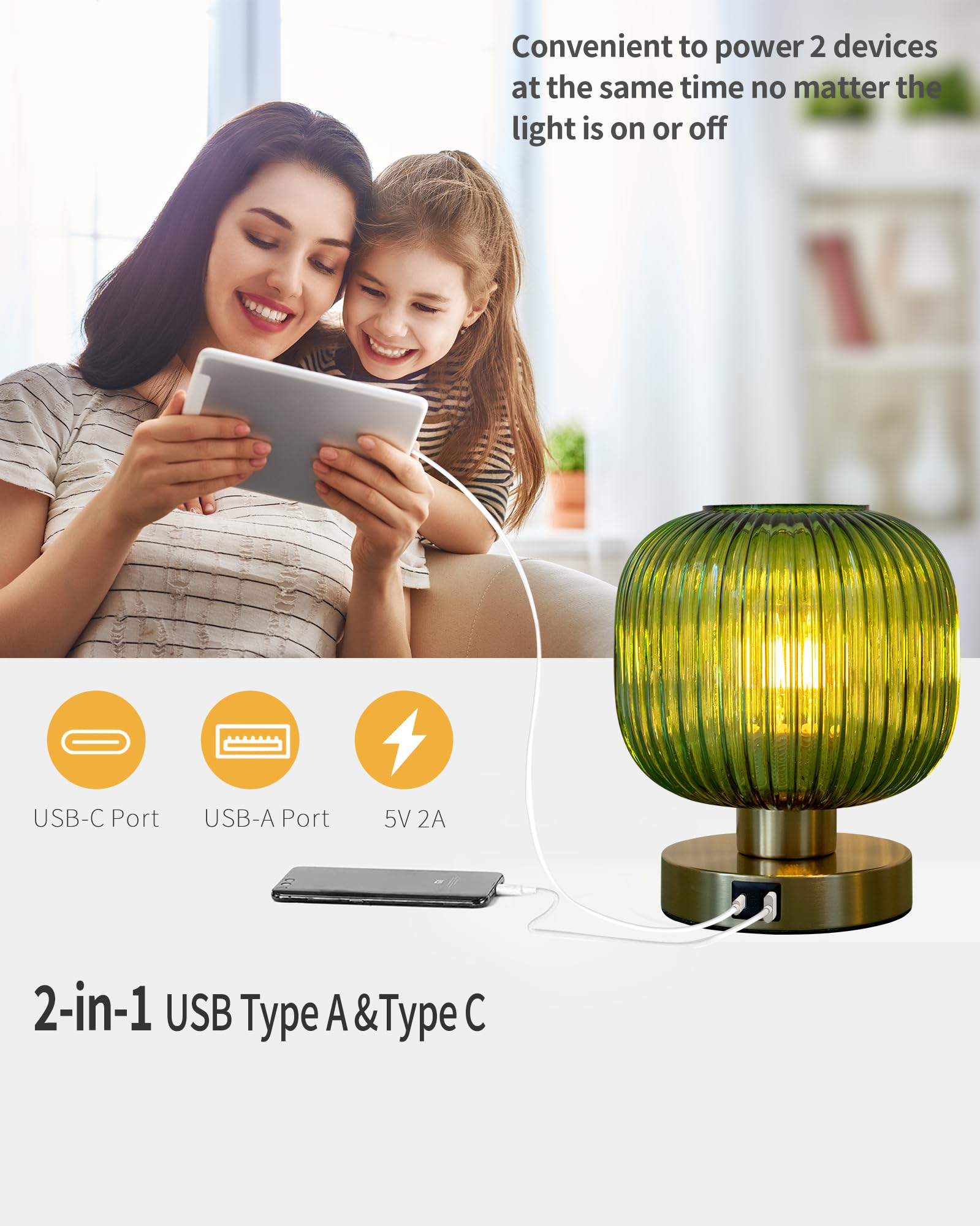 Touch Control Small Table Lamp Set Of 2, Elegant Green Glass Bedside Lamp 3 Way Dimmable With Usb C+A Charging Ports - Bedroom N