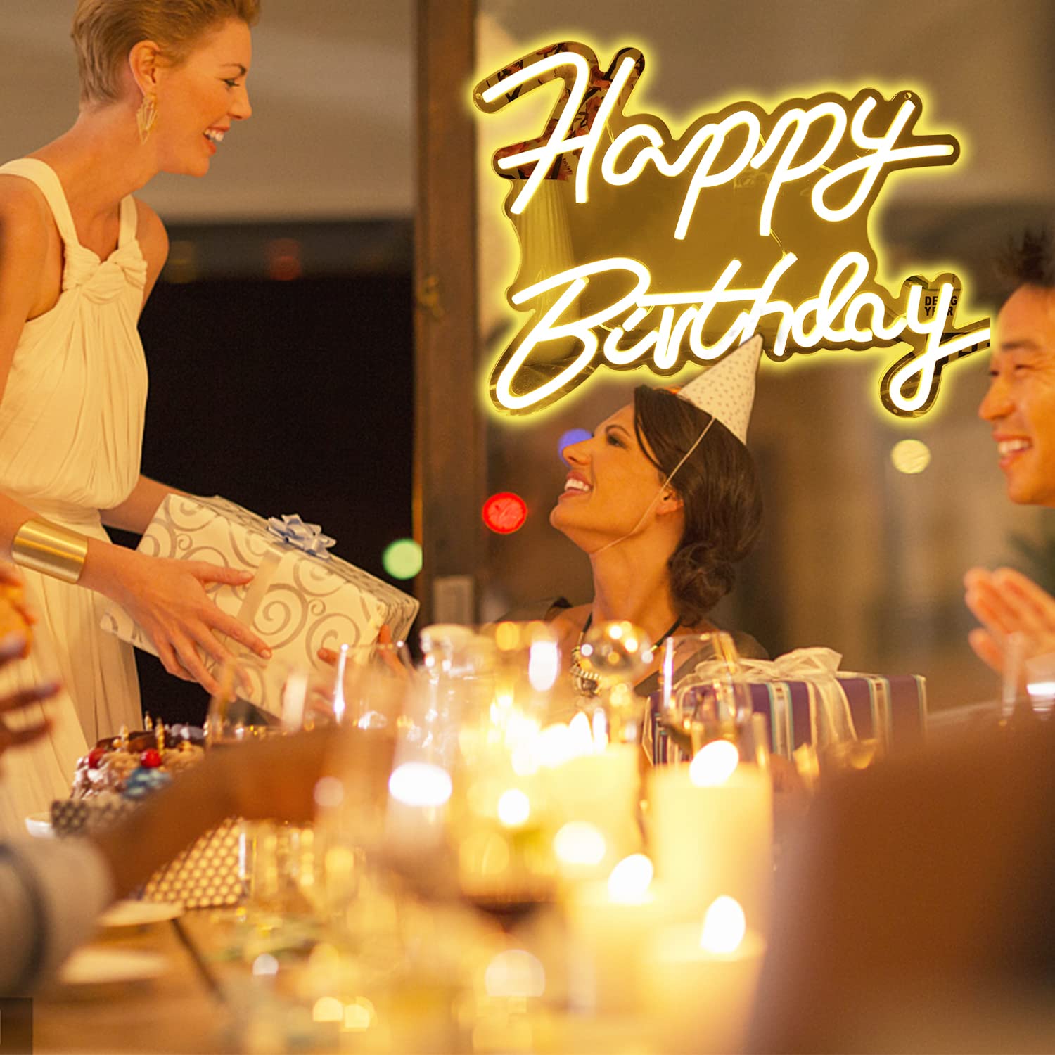 Ajoyferris Dimmable Neon Sign - Happy Birthday Light, 16.5x12 in, White Acrylic & PVC, USB Powered for Party Decoration