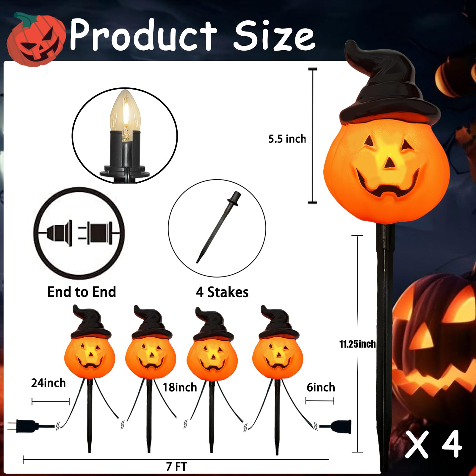 4 Pack Halloween Pumpkin Witch Hat Pathway Lights -7Ft Led Outdoor Halloween Decorations, Waterproof Halloween Garden Stake Ligh
