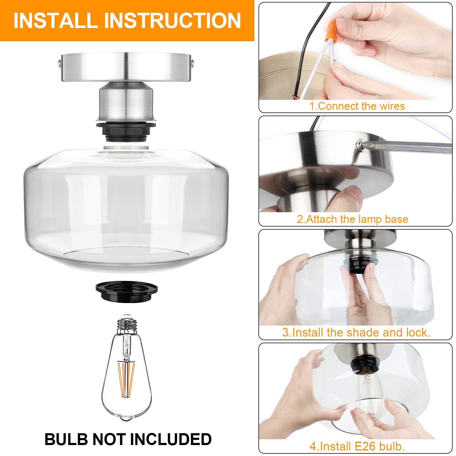 Maxvolador Industrial Semi Flush Mount Ceiling Light Brushed Nickel, Clear Glass Pendant Lamp Shade Farmhouse Lighting Hallway,