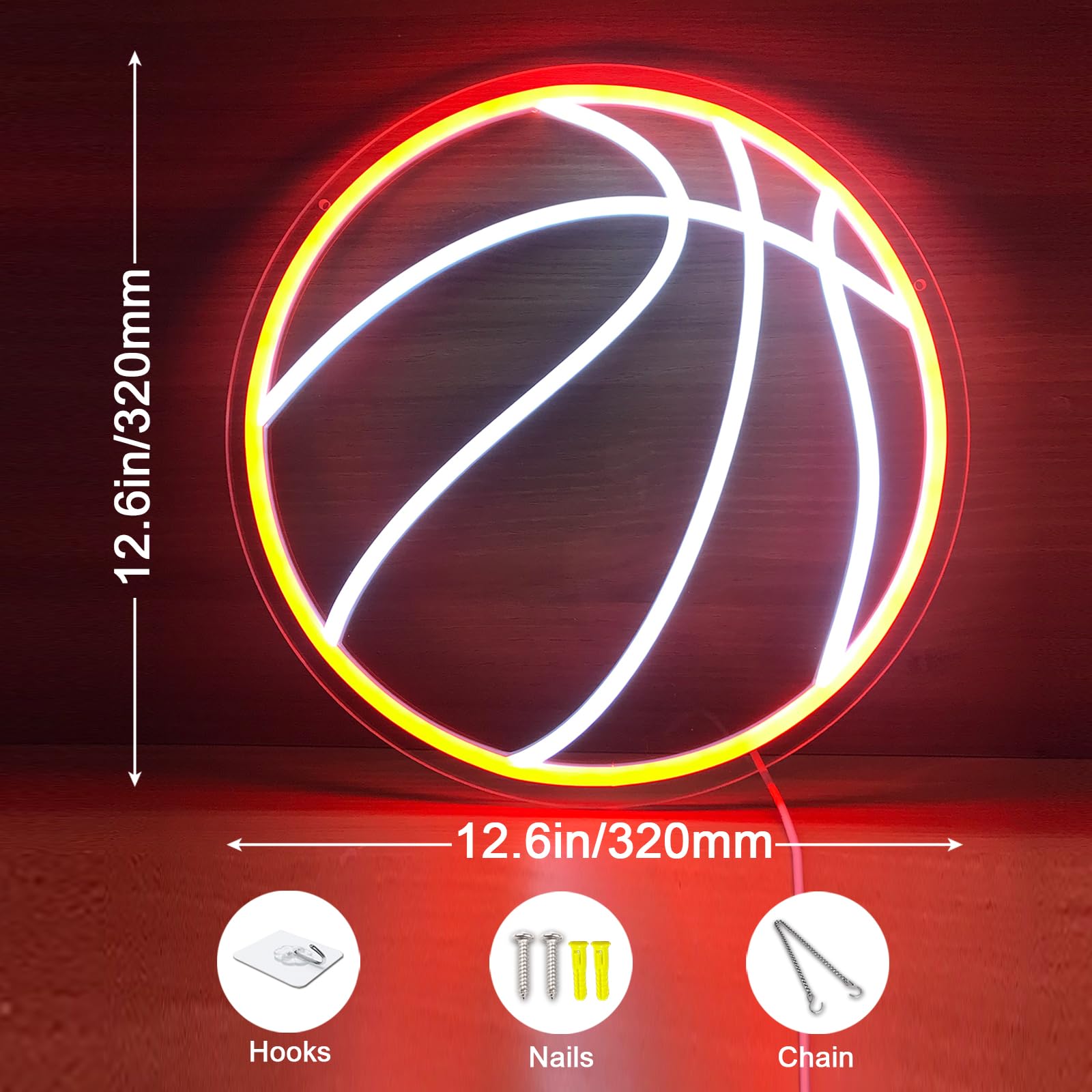 KENFARI Basketball Neon Sign LED Light, 12.6inx12.6in, Dimmable USB Wall Decor, Orange & White Silicone
