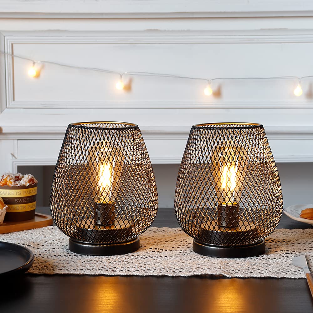 TRIROCKS Set of 2 Outdoor Lanterns, 6.5in  High, Metal, Cordless Battery Operated, LED Edison Bulb, Brown, Model TRC30602