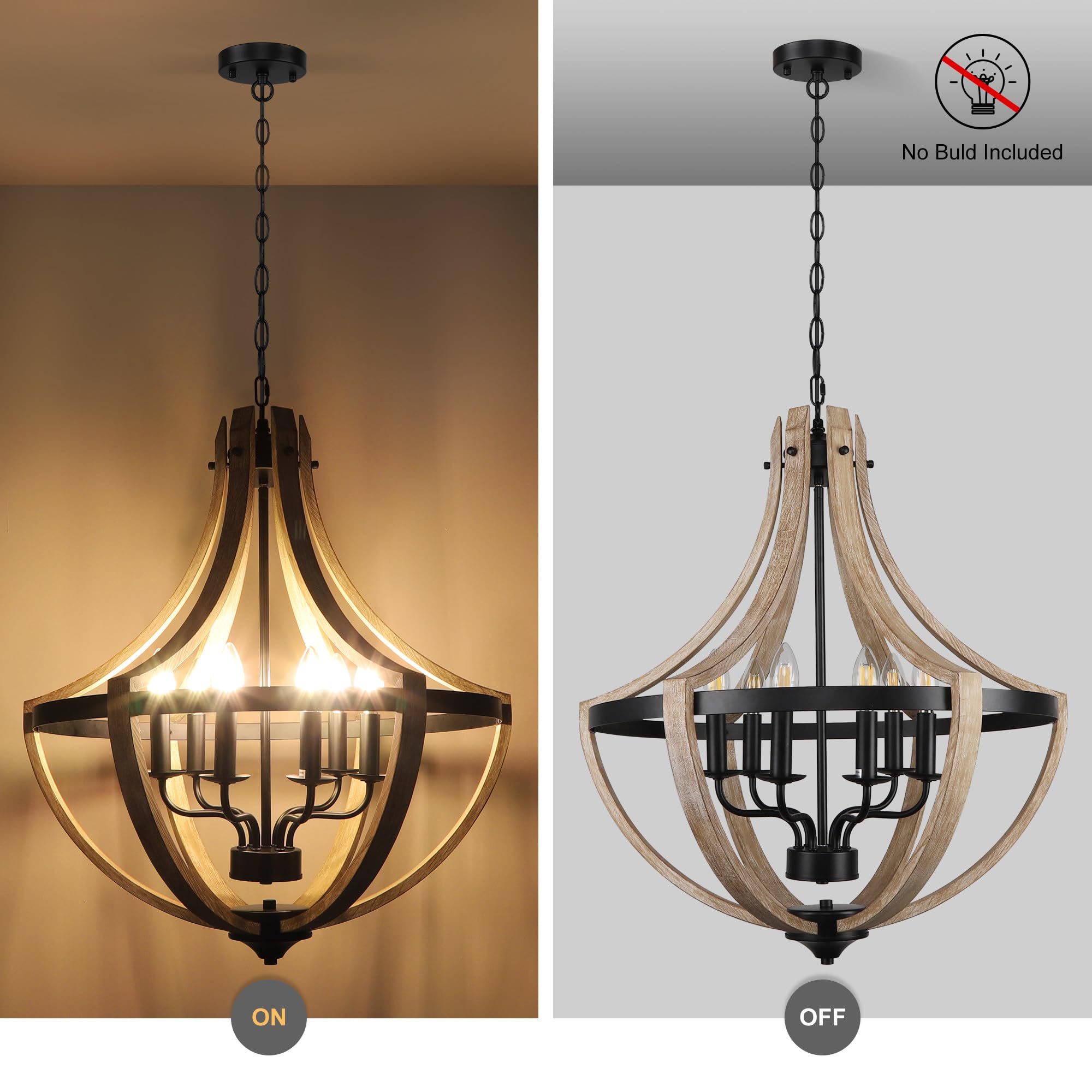 6-Light Large Rustic Farmhouse Dining Room Chandeliers, Adjustable Height Entryway Light Fixture, Hanging Wood Chandelier For Ki
