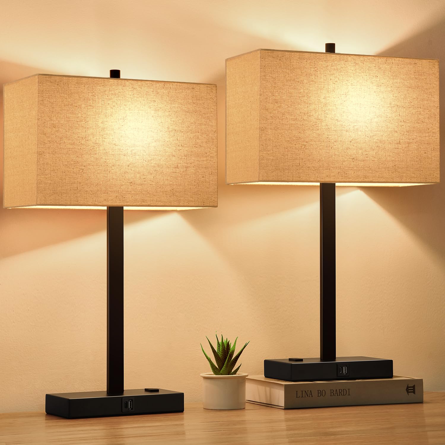 Lynnoland Set Of 2 Touch Control Table Lamps With Usb Ports, 3-Way Dimmable, Beige Linen