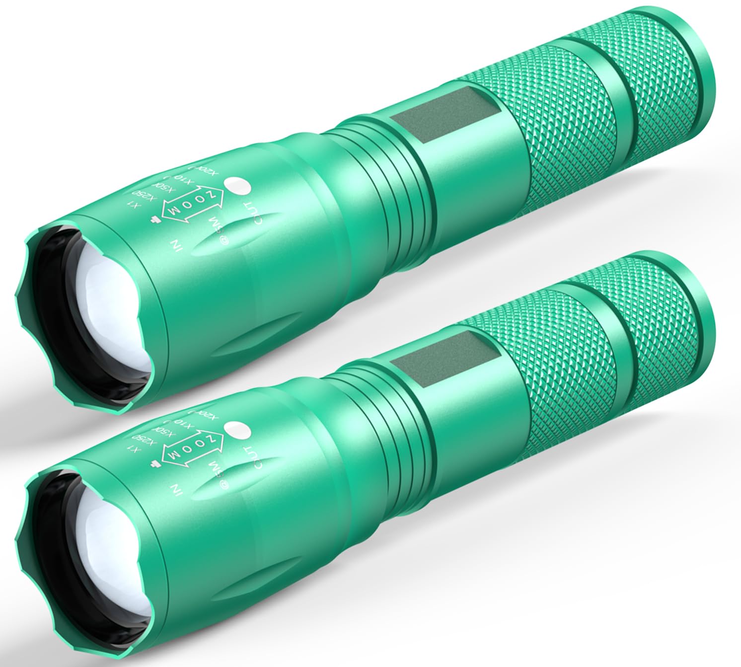 HinsGEAR LED Tactical Flashlight 2 Pack, High Lumens, Zoomable, Water Resistant, Aluminum, Turquoise, Model SL-2000