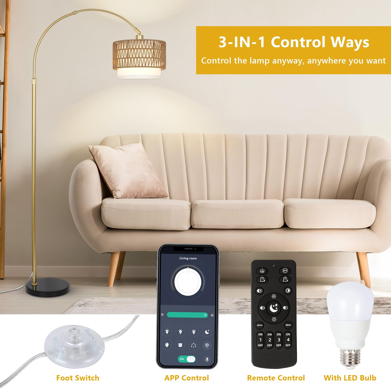 Arc Floor Lamp For Bedroom With Rattan & Linen Shades, Gold Floor Lamp With Remote & Dimming Bulb, Rustic Standing Lamp With 3 C
