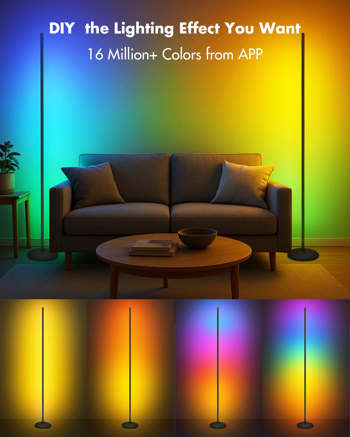 Vexinat Corner Floor Lamp - 2 Pack LED Smart Lamp with App/Remote Control, Music Sync, 16 Million Colors, Black, Model HC601