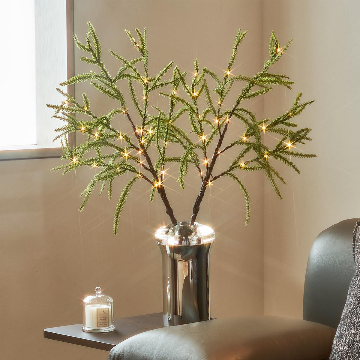 Hairui Lighted Norfolk Pine Branches, 32IN, 60 LED, Battery Operated with Timer, Green, Perfect for Christmas and Thanksgiving Decor
