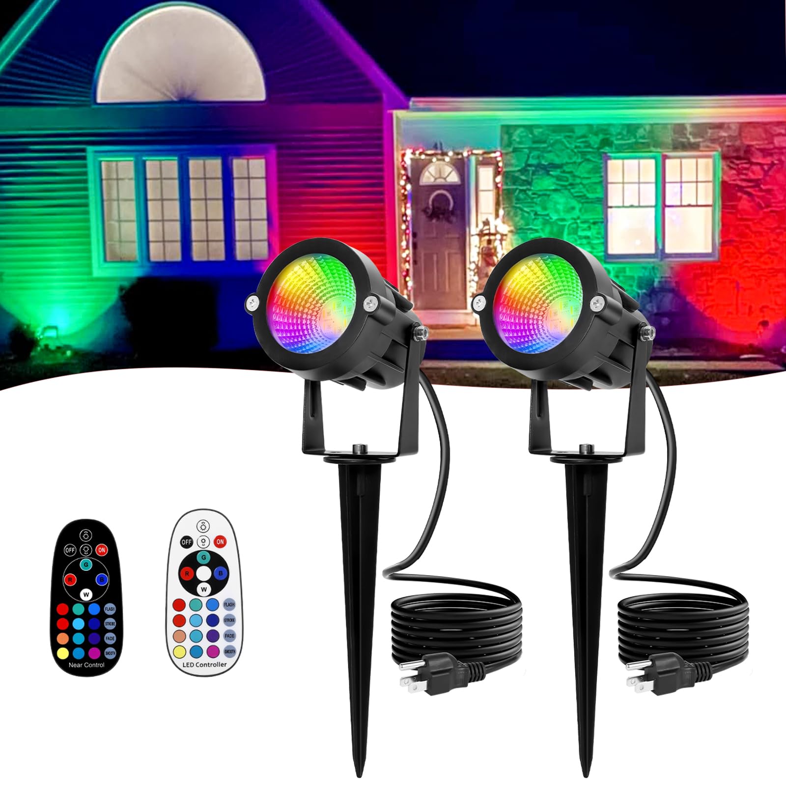 Rgbw Christmas Spotlight Outdoor: 16 Color Changing Landscape Lighting With Remotes 120V Plug In Waterproof Holiday Led Spot Light For Yard Garden Tree Path House D?Cor  2 Pack (Rgb + Warm Light)