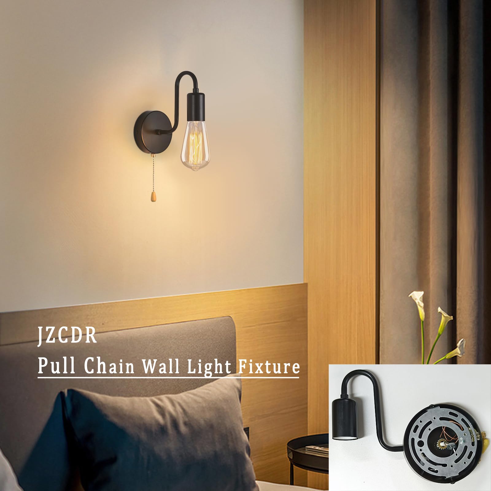 JZCDR Vintage Pull Chain Wall Sconce Light, Retro E26 Industrial Design, Hard Wired, Black, 1-Light, Model JZCDR-01