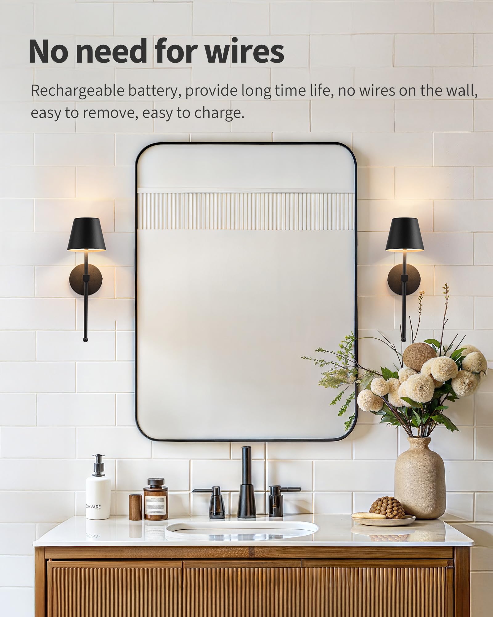 KDG Wireless Wall Sconces Set of 2, Small Rechargeable LED Lamps, Stepless Dimming, Black, Model AMZ-TBL-036, Perfect for Living Room & Bedroom