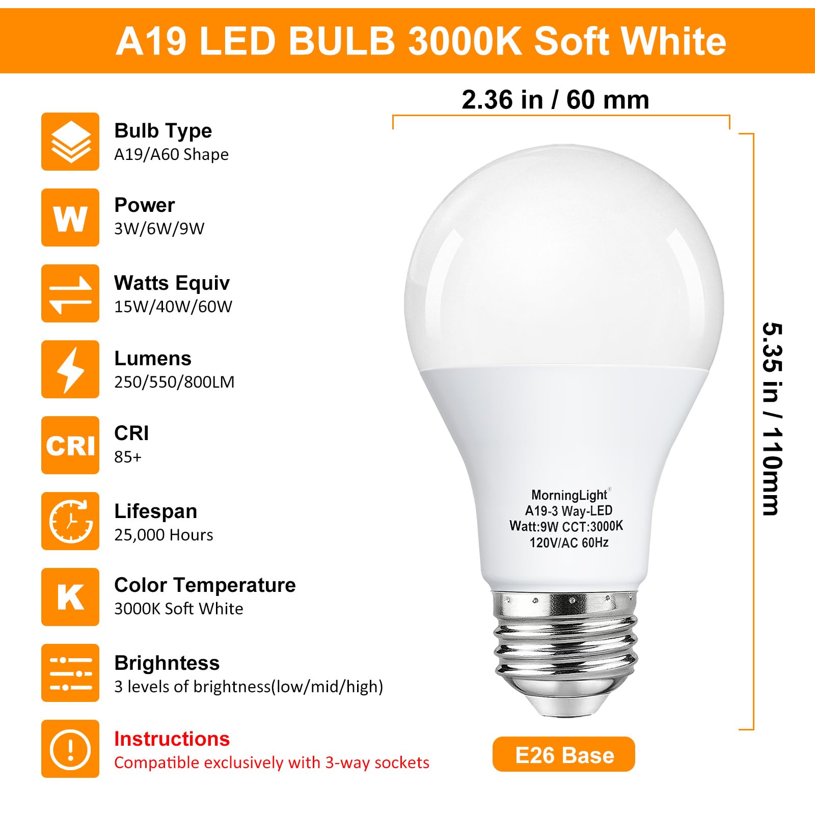 Morninglight A19 3-Way Led Light Bulbs 15 40 60Watt Equivalent Soft White 3000K, E26 Base, 9W A19 Three Way Light Bulbs For 3-Wa