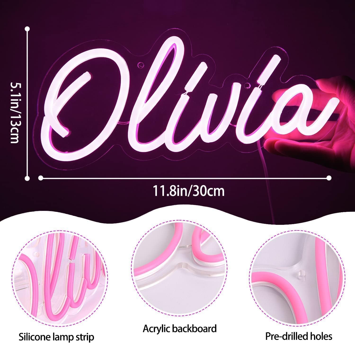 attneon Olivia Name Neon Sign - Custom LED Light for Kids Bedroom, 11.8x5.1 in, Pink, Model JTLD400
