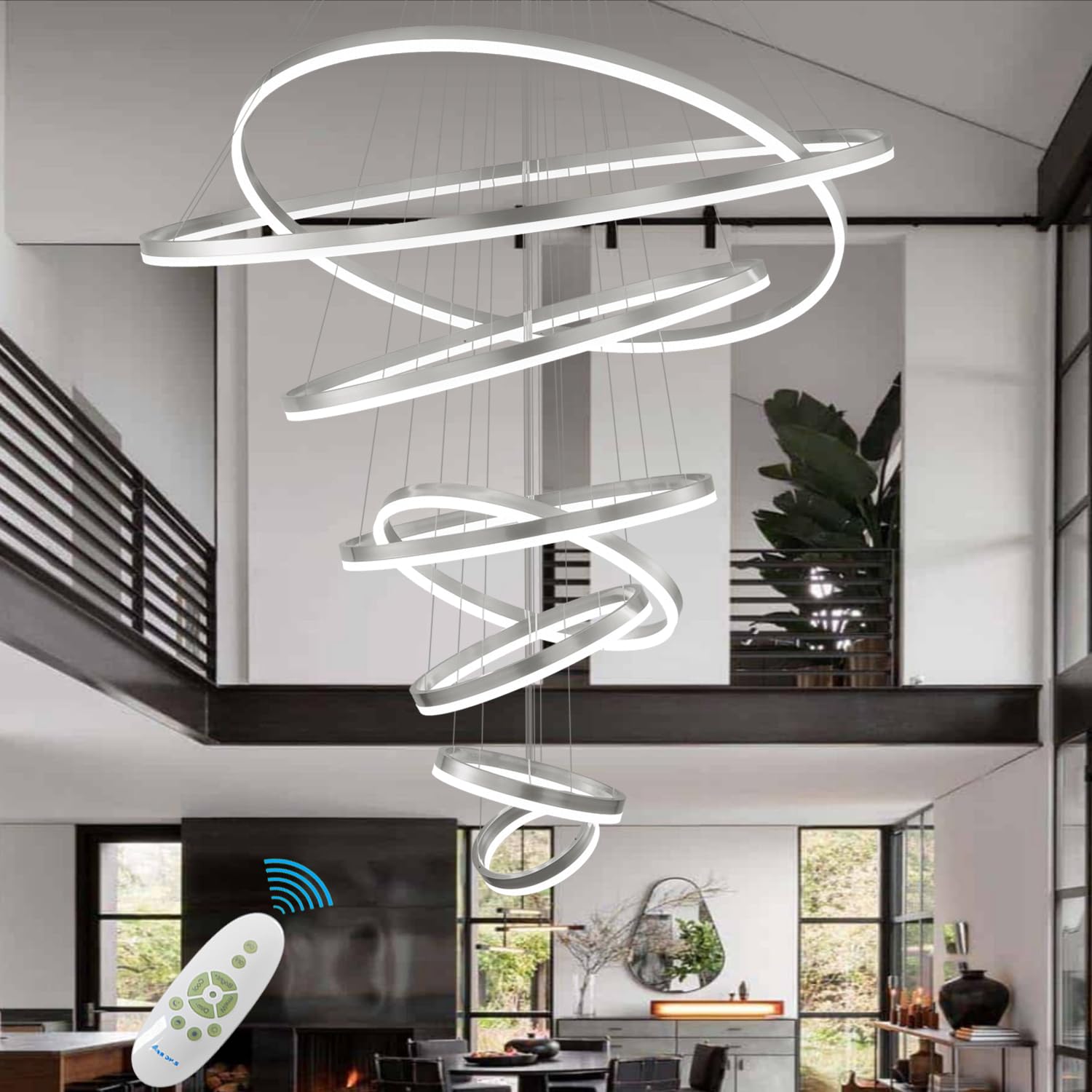 Embring 8 Rings Chandelier, 47.24" Modern Led Chandelier Extra Large Modern Chandeliers For High Ceiling,Long High Ceiling Chandelier For Staircase,Silver Dimmable Led Chandelier For Entryway