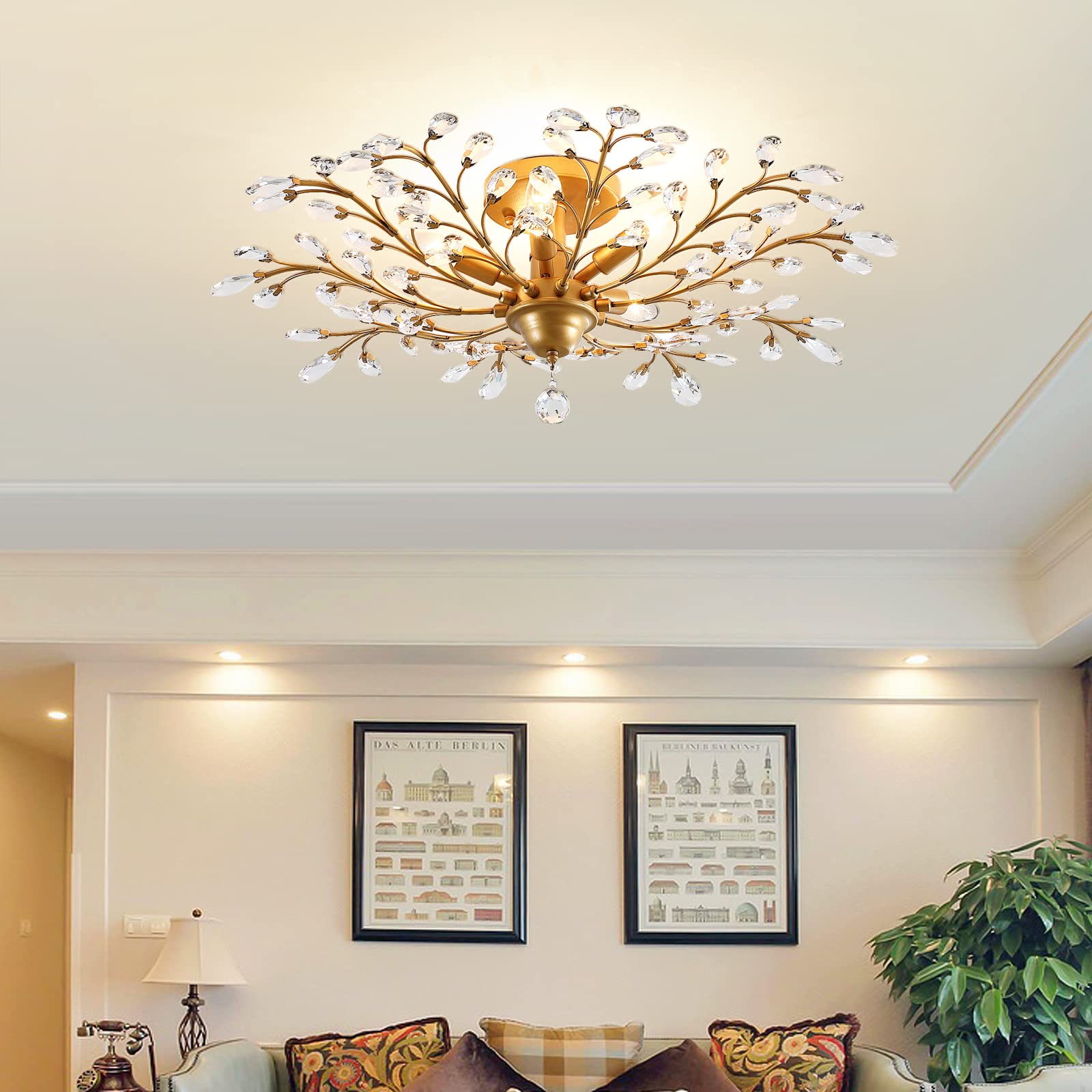 Garwarm Vintage K9 Crystal Chandelier Pendant Light 5-Light Gold Ceiling Fixture for Living Room Bedroom Restaurant
