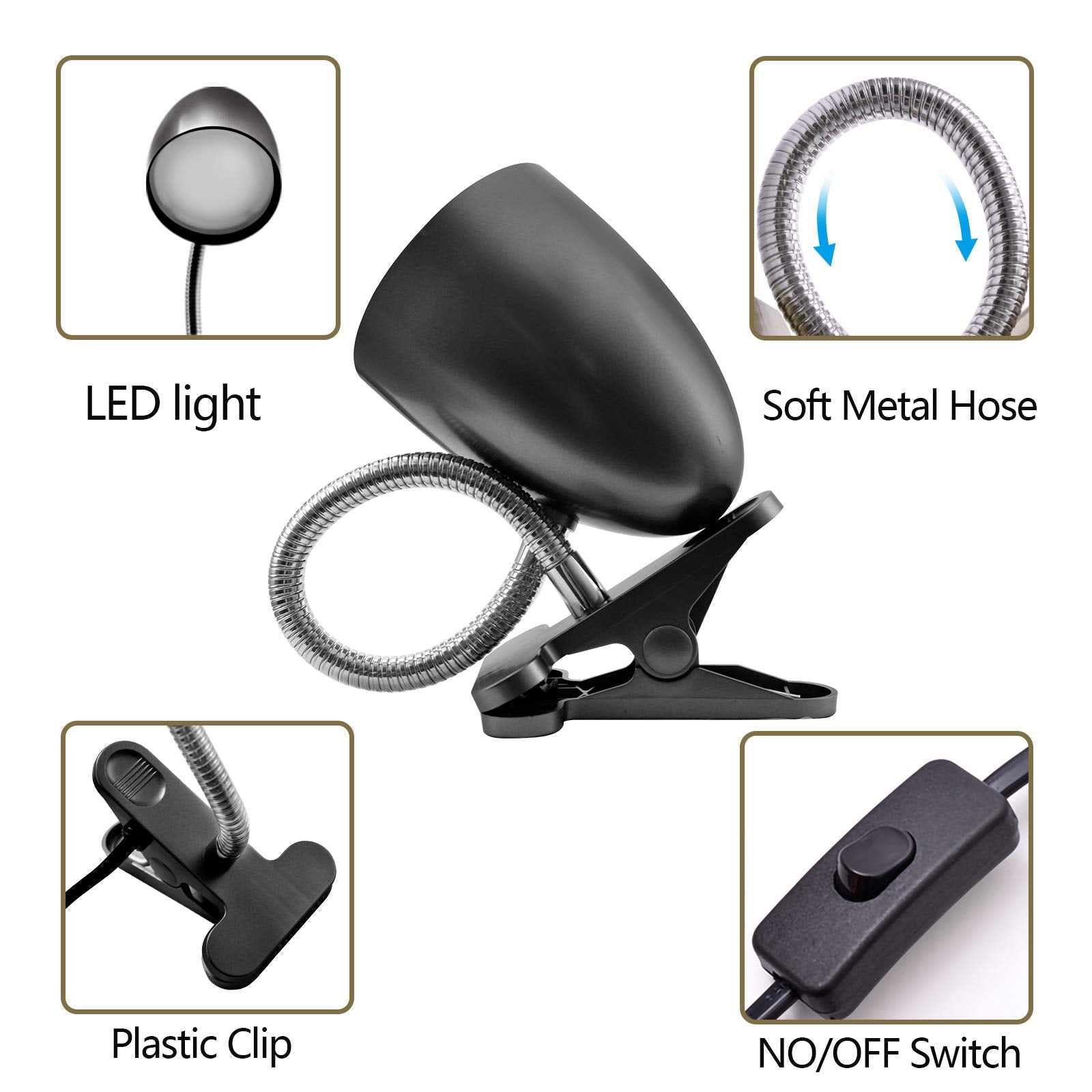 Energetic Lighting Clip on Reading Light, 3.5W 240 LM, ETL Listed, Black, Model MTSL1001BHB, Eye Protection, Non-Dimmable