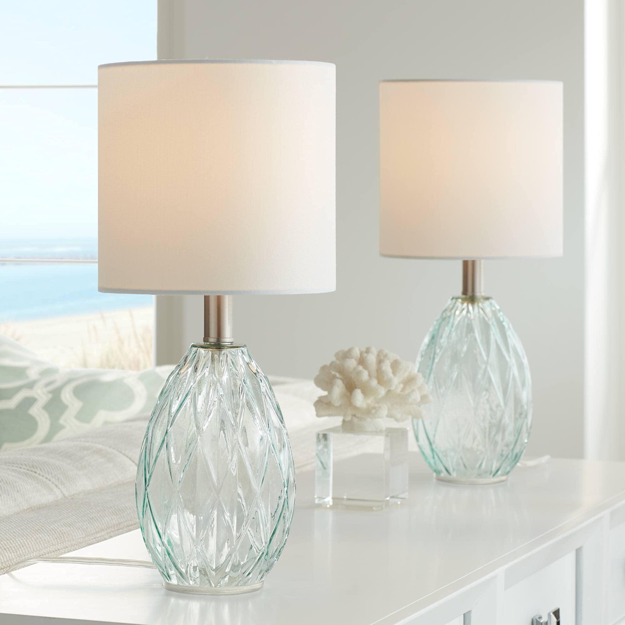 360 Lighting Rita Accent Table Lamps Set of 2, 14.75in High, Blue Green Glass with Fabric Drum Shade, Model 44G02