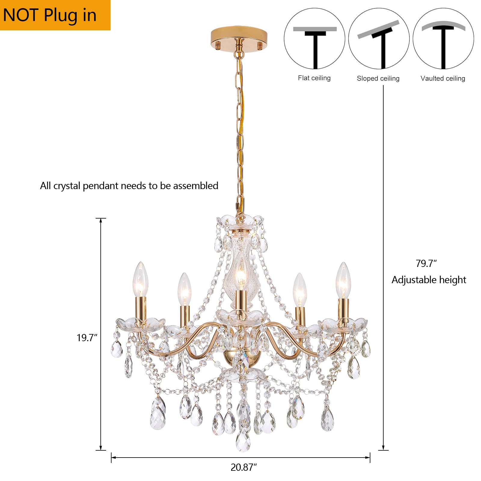 Amzasa Crystal Gold Chandelier  Glass Crystal Hanging Pendant Lighting  5 Light French Country Gold Crystals Chandelier For Ceiling Medallions Wedding Dining Kitchen  Foyer Dia 20   Golden