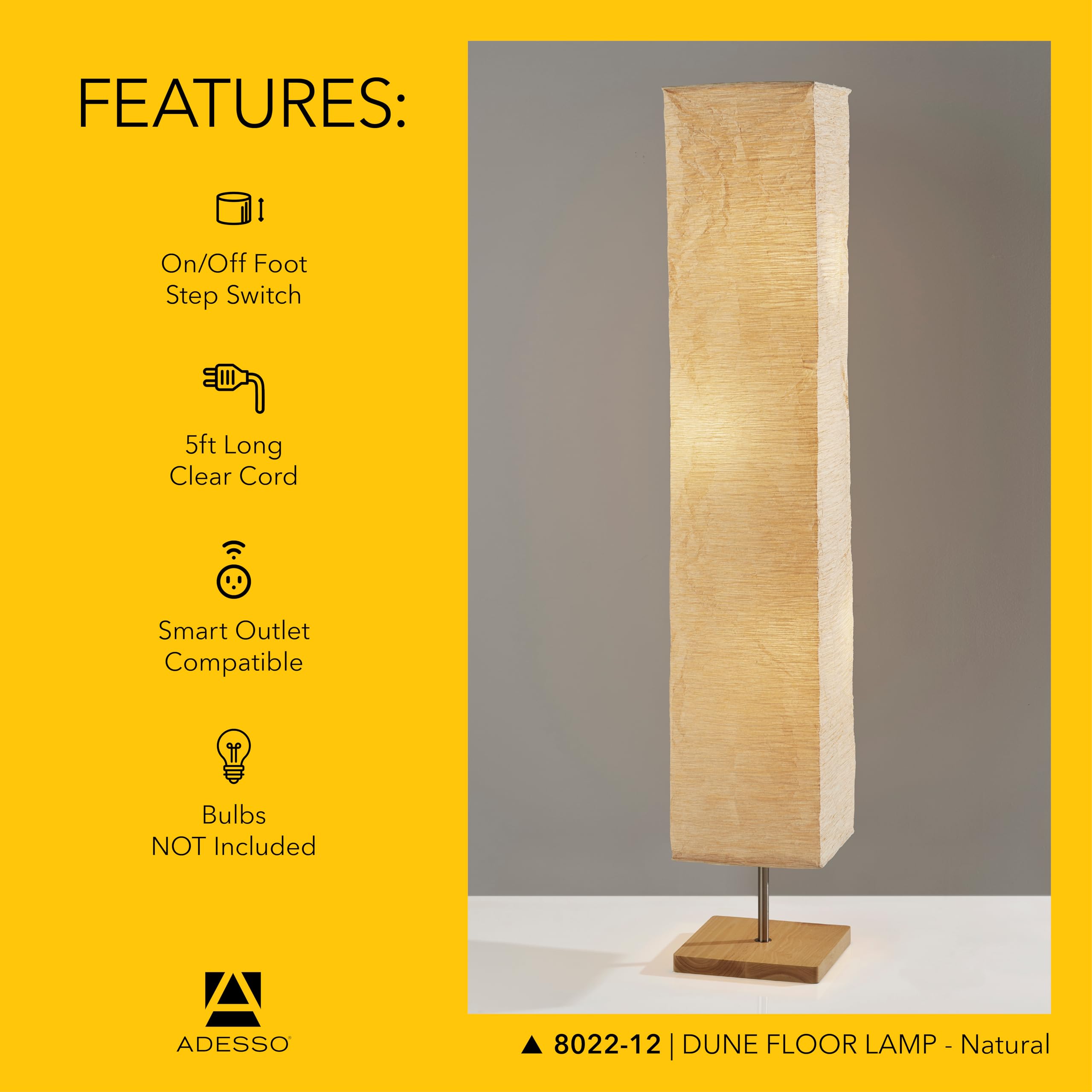 Adesso Three Light Floor Lamp, Adjustable Brightness, Natural Wood Base, 10" D x 10" W x 58" H, Beige, Model 8022-12
