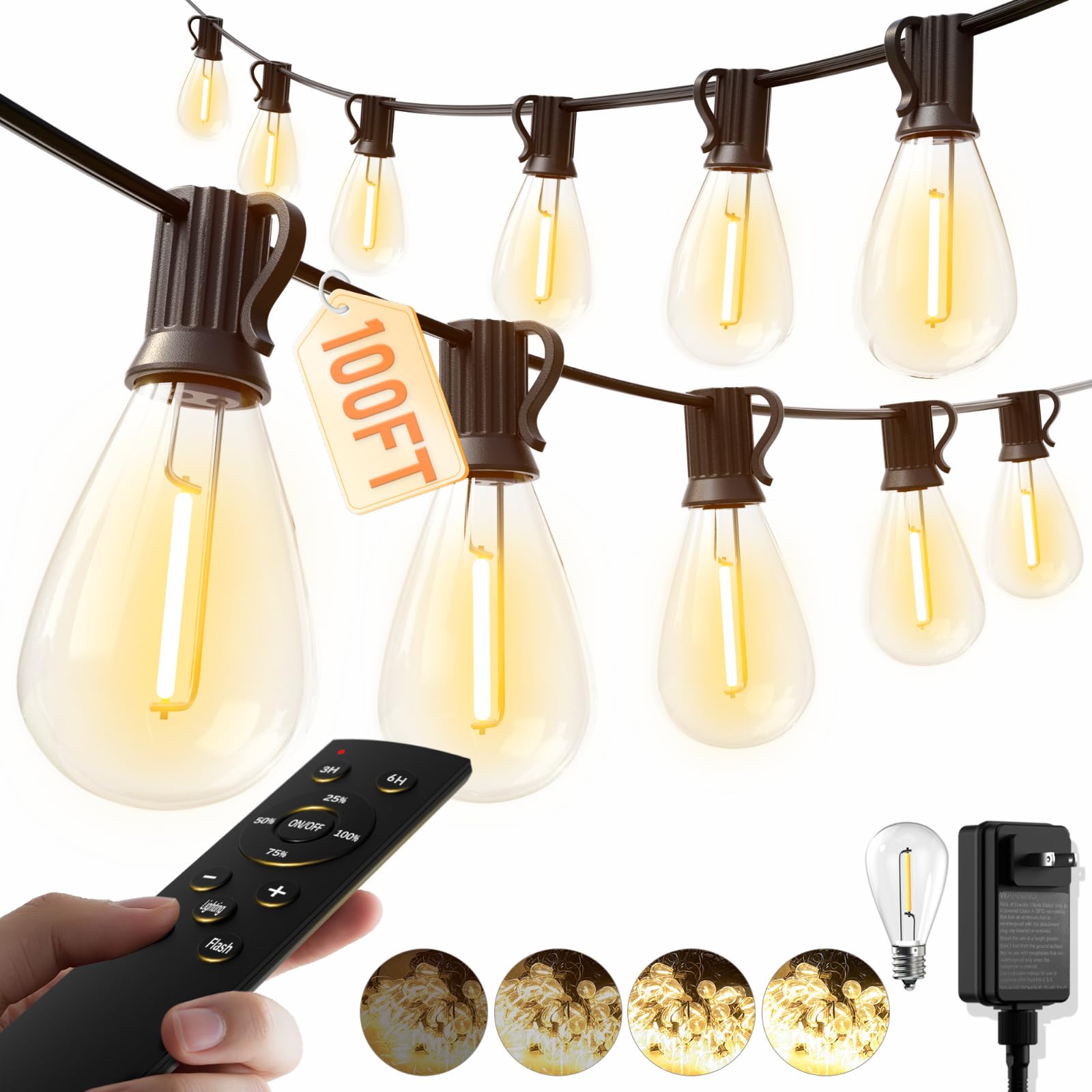 luckystyle 100FT LED Outdoor String Lights, 35+1 Shatterproof Bulbs, Waterproof, Dimmable, Warm White-2700K, Model S11