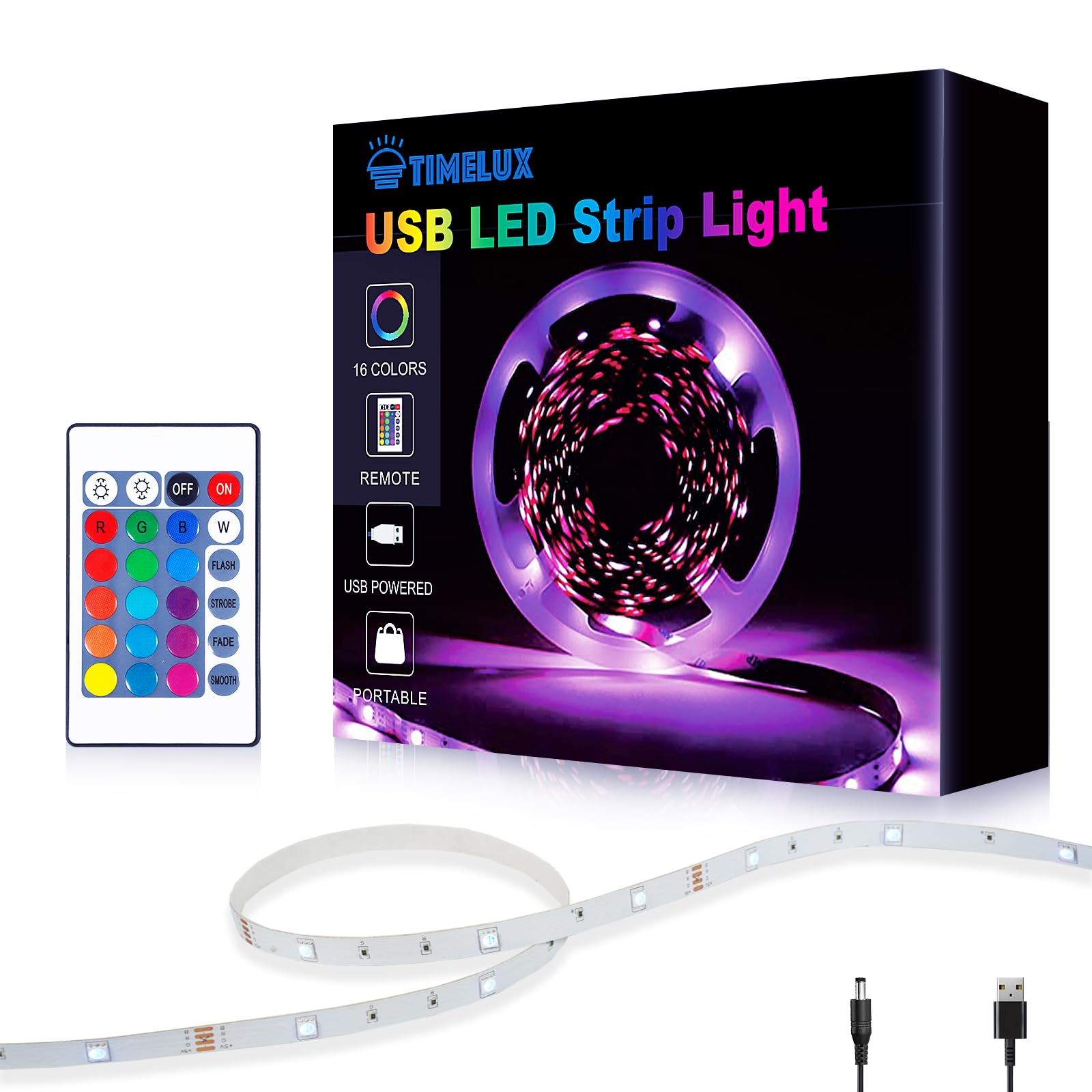 TIMELUX LED Backlights for TV, 10ft RGB Color Changing Strip Lights, USB Operated, Model BRT-ST5050USB, Dimmable with Remote Controller