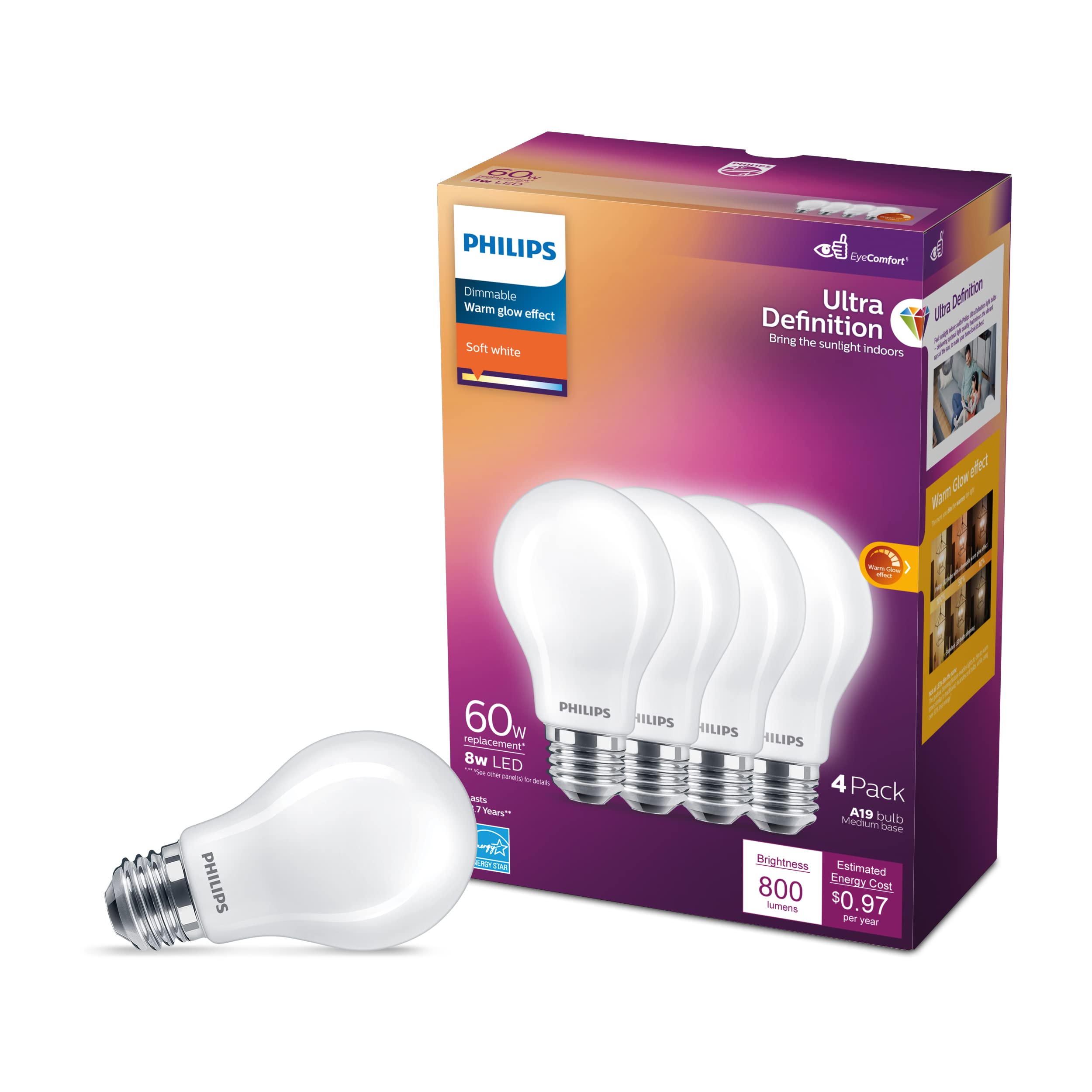 Philips LED A19 Frosted Dimmable Light Bulbs 60W 800 Lumen E26 Base Soft White 2700K 4 Pack Glass