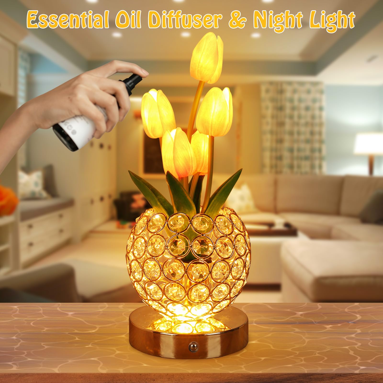 Birthday Gifts For Women/Mom Cordless Table Lamp, 3 Color Crystal Flower Bedside Lamps Infinitely Dimming With Usb Charge Small