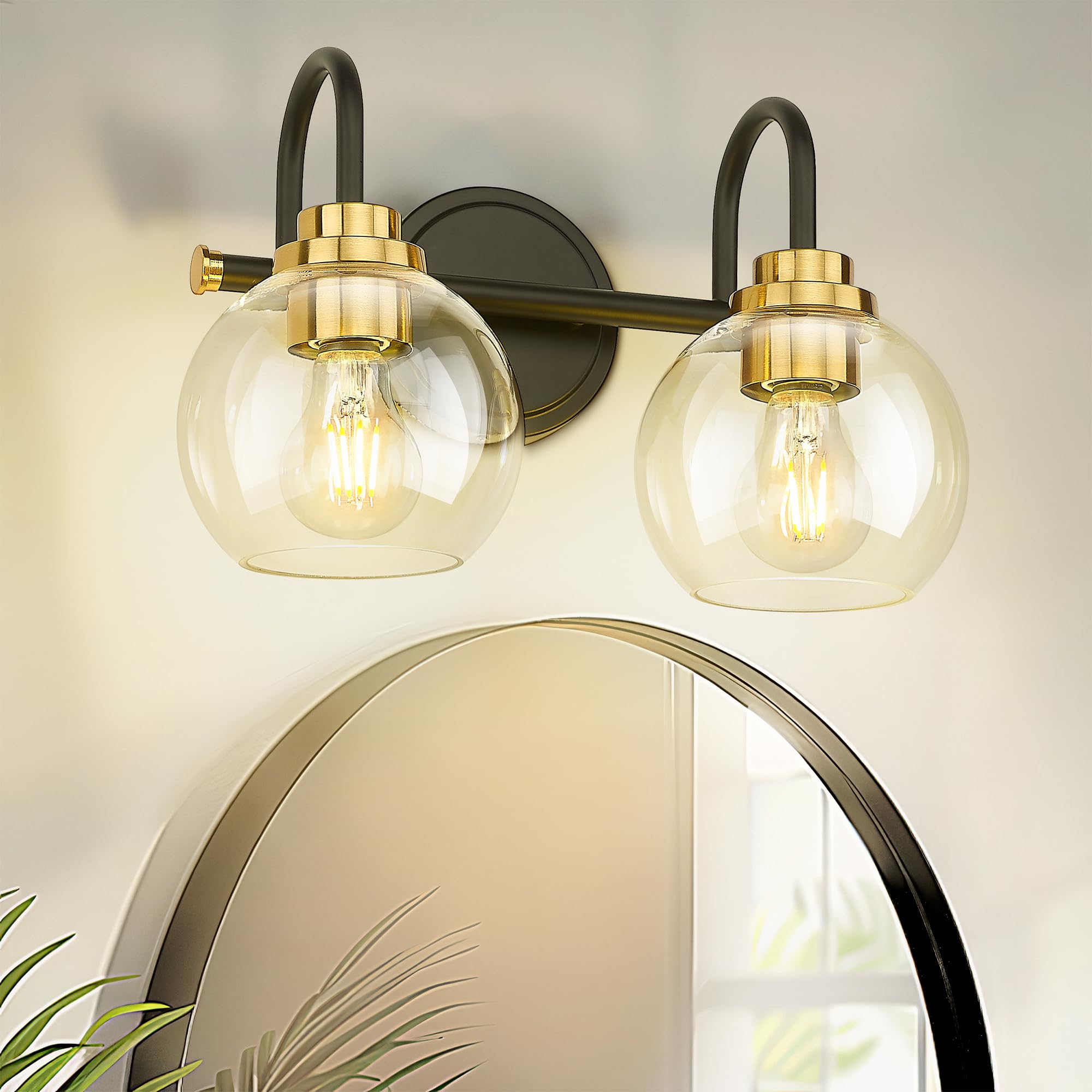 Audickic Bathroom Light Fixtures  2-Light Black And Gold Vanity Lights With Globe Clear Glass  Modern Vanity Lighting Fixtures Over Mirror  Ad-22280-2W-Kg