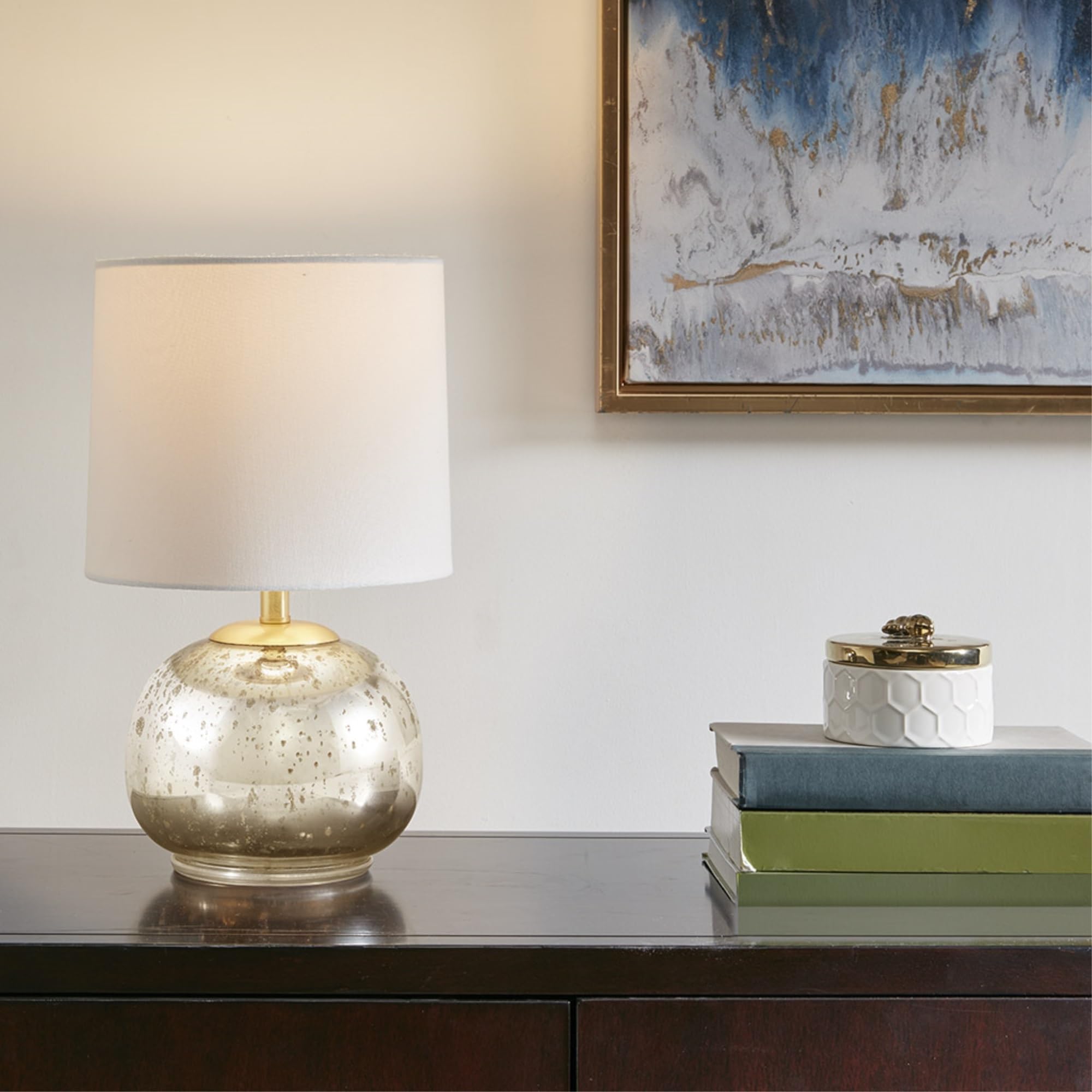 Ergode Metallic Glass Table Lamp - Elegant Silver And Gold Base With White Drum Shade - Includes Type A Light Bulb - Enhance Your Living Space With Timeless Beauty And Functionality