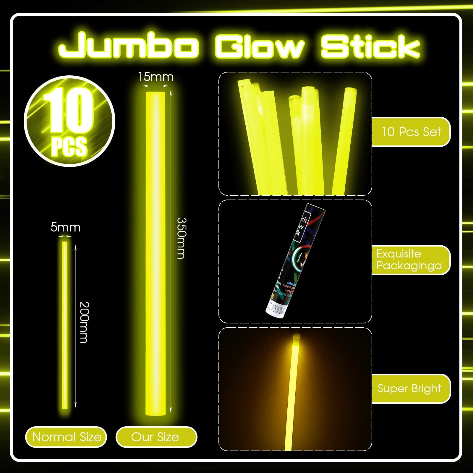 Lewtemi Glow Sticks - 10 Pcs Jumbo 14 Inch Yellow Emergency Light Sticks for Camping and Halloween