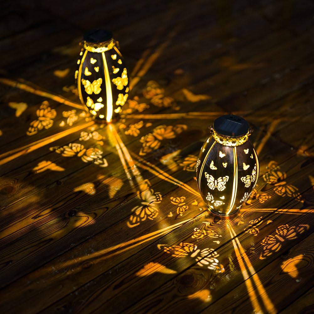 Sunnygarden 2 Pack Outdoor Solar Lanterns Waterproof Butterfly Decorative Hanging Solar Lantern Lights For Outside Patio Tableto Garden Yard Lawn Decor, Gifts For Mom Grandma Woman