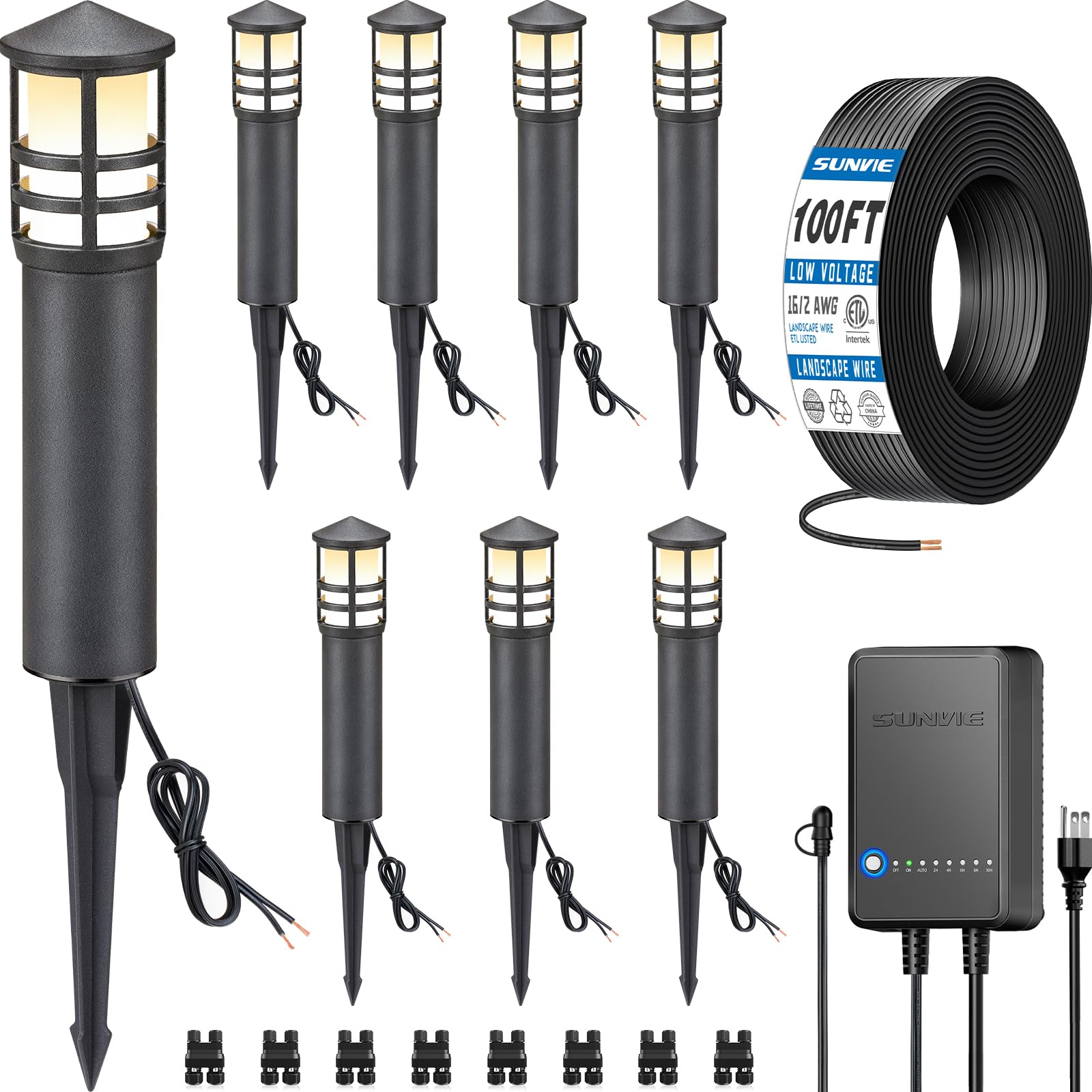 SUNVIE All-in-One LED Landscape Lighting Kit, 8-Pack, 3000K, Low Voltage, Black, Aluminum, Model KTWW8YA