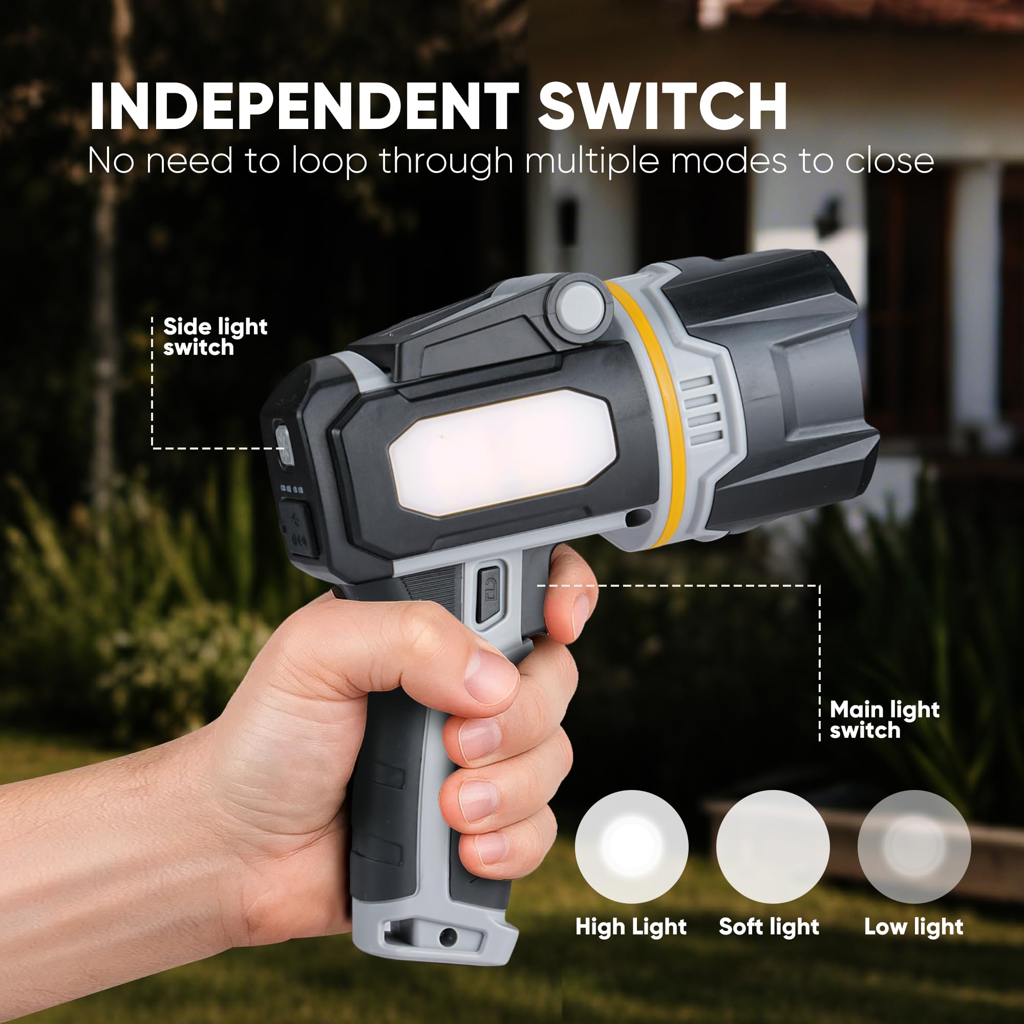 MOONASION Rechargeable Spotlight 100000 Lumen LED Flashlight with COB Light, Black, Model SP-2, Ideal for Boating and Camping