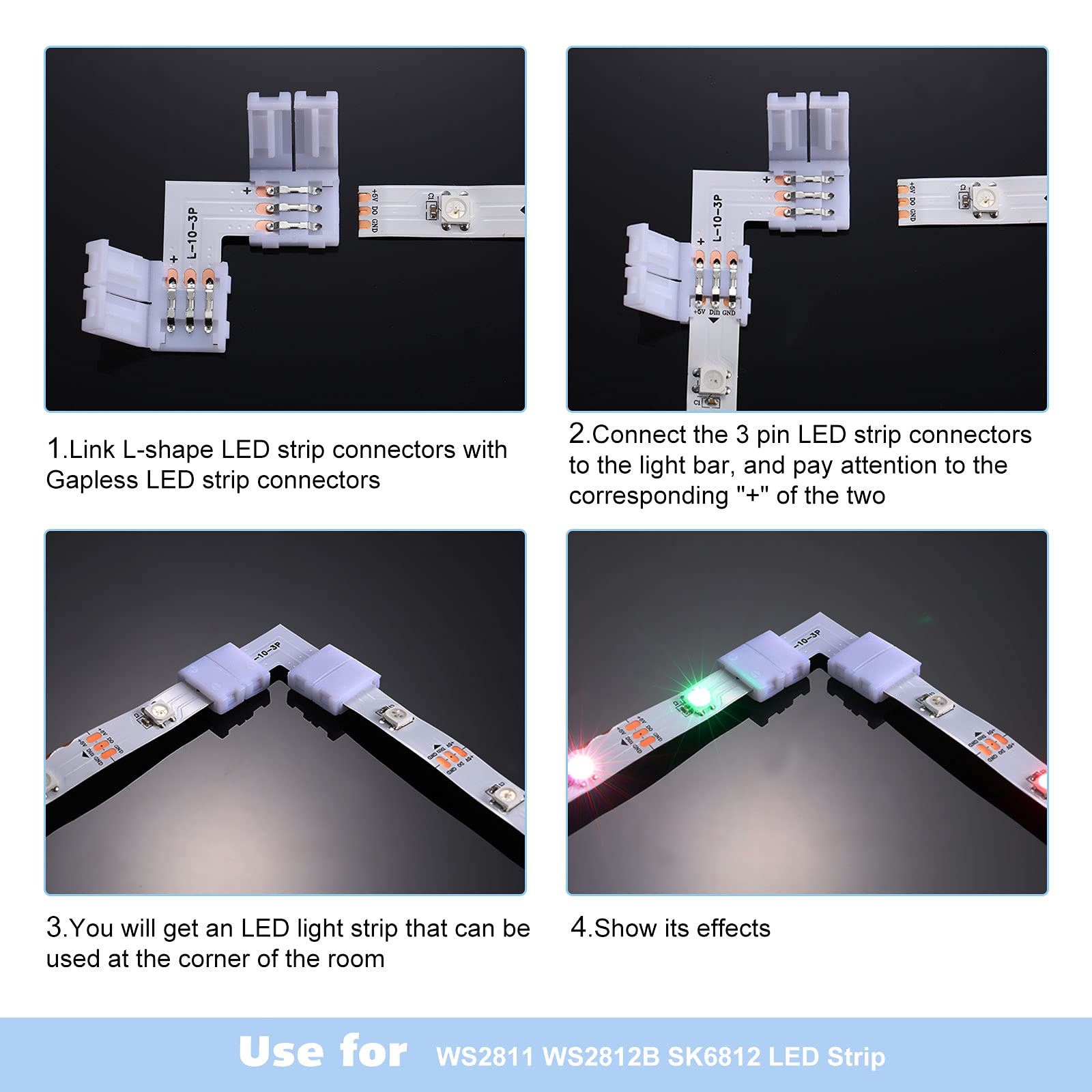 48 Pieces 3 Pin 10 Mm Led Strip Connector Kit Includes Gapless Connector L Shape Led Light Corner Connector X Shape And T Shaped