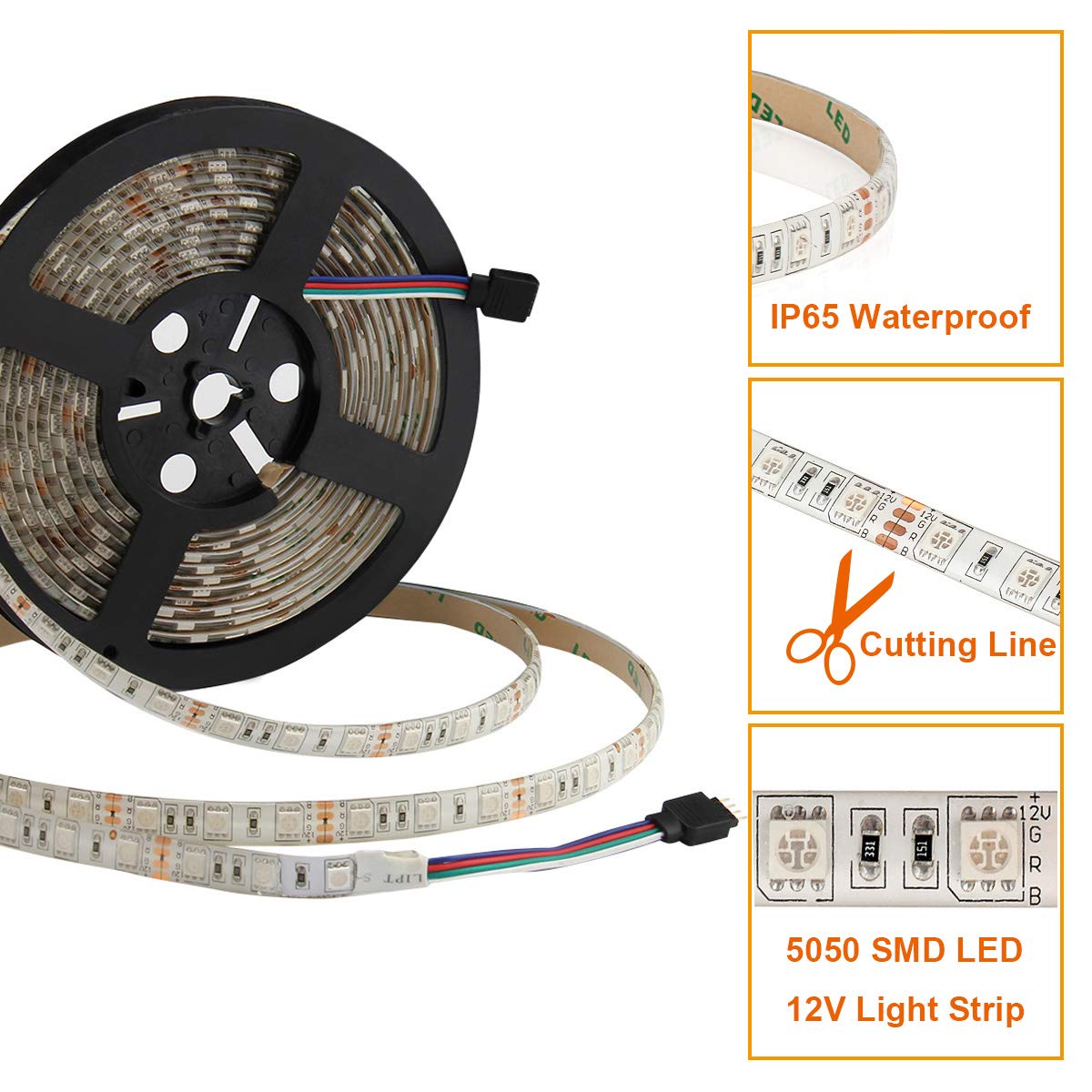 SUPERNIGHT LED Strip Lights 16.4FT RGB Waterproof 300 LEDs Flexible Light Rope + 44Key IR Remote Controller, Model EBT346-FT